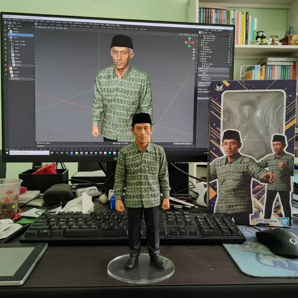 Postingan terkait: create a 1/7 scale commercialized figurine of the characters in the picture, in a realistic style, in a real environment. The figurine is placed on a computer desk. The figurine has a round transparent acrylic base, with no text on the base. The content on the computer screen is a 3D modeling process of this figurine. Next to the computer screen is a toy packaging box, designed in a style reminiscent of high-quality collectible figures, printed with original artwork. The packaging features two-dimensional flat illustrations