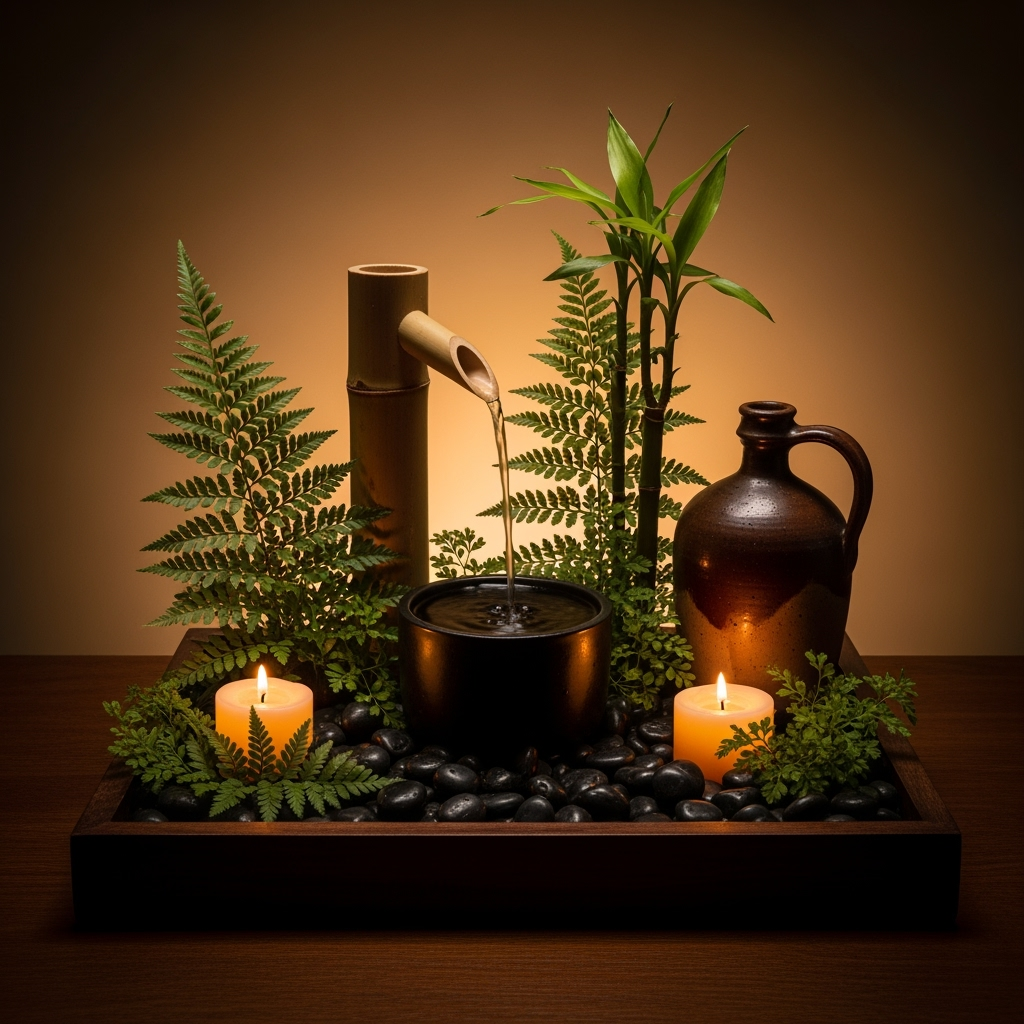 Postingan terkait: // [CAMERA LOCKED]
// [NO MOVEMENT, NO ZOOM, STATIC FRAME ONLY]

locked-off tripod shot, fixed frame, zero camera movement, absolutely static framing.

Scene: A naturalistic still-life on a dark wooden tray, featuring a prominent bamboo water feature with overflowing water, set amidst organic placements of two lit candles, varied green ferns, dark pebbles, and a rustic brown pottery jug, all presented against a diffused, warm background glow.

--no camera movement, no pan, no tilt, no zoom, no dolly, no pedestal, no truck, no roll, no shake
--no slow drift, no cinematic breathing, no reframing, no focus pulling
--no text, no watermarks, no overlays
--the camera must be treated as a bolted-down, unmoving object, like a security camera.