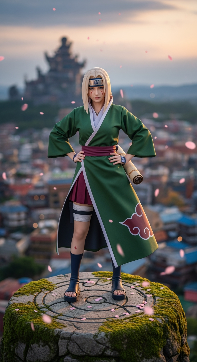 Postingan terkait: Tsunade standing atop a moss-covered stone overlooking Konoha village at dusk, her iconic green haori billowing in a mountain breeze. Her platinum-blonde hair spills over the shoulders of her sleeveless dress, the diamond seal on her forehead catching the last amber light of sunset. Below her, the village's rooftops glow with early lanterns while distant Hokage Mountain watches silently. One hand rests on her hip, the other holds a half-unrolled scroll—her expression fierce yet contemplative, with faint crow's feet framing eyes that hold decades of battles and healing. Cherry blossom petals swirl around her sandals, contrasting against weathered stone etched with ancient Uzumaki clan spirals. sexy, soft focus, depth of field, 8k photo, HDR, professional lighting, taken with Canon EOS R5, DSLR, 75mm lens, , detailed portrayal—clear individual actions—distinct expressions—joint actions—distinct contributions—individual roles—both characters visible—shared activity—clear roles., , , , , , , , , , , , , , , , , , , , , , , , , , , , , (), (Frames from the upper part of the body to above the head), (Focusing closely on the subject), (), , , , short skirt, .