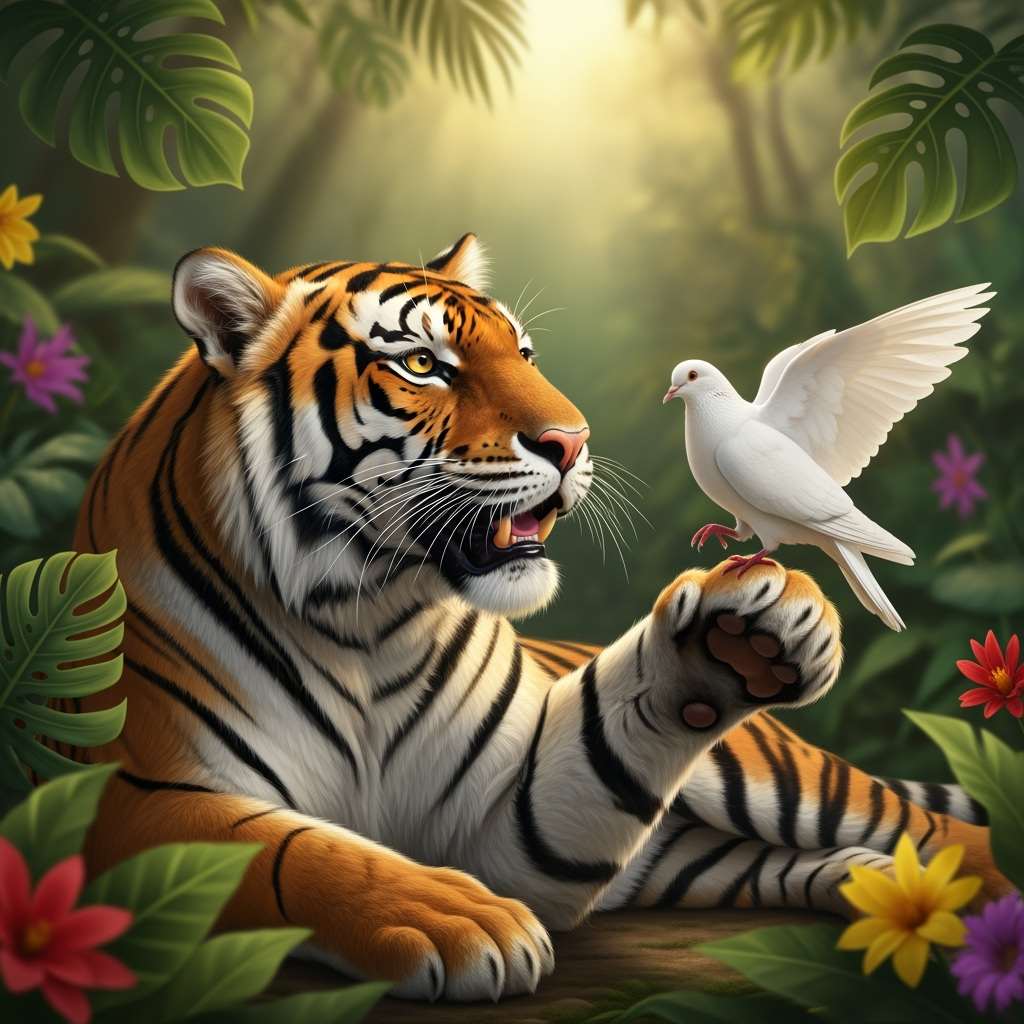 Gambar kreasi AI: Draw a picture of a tiger playing with a dove.