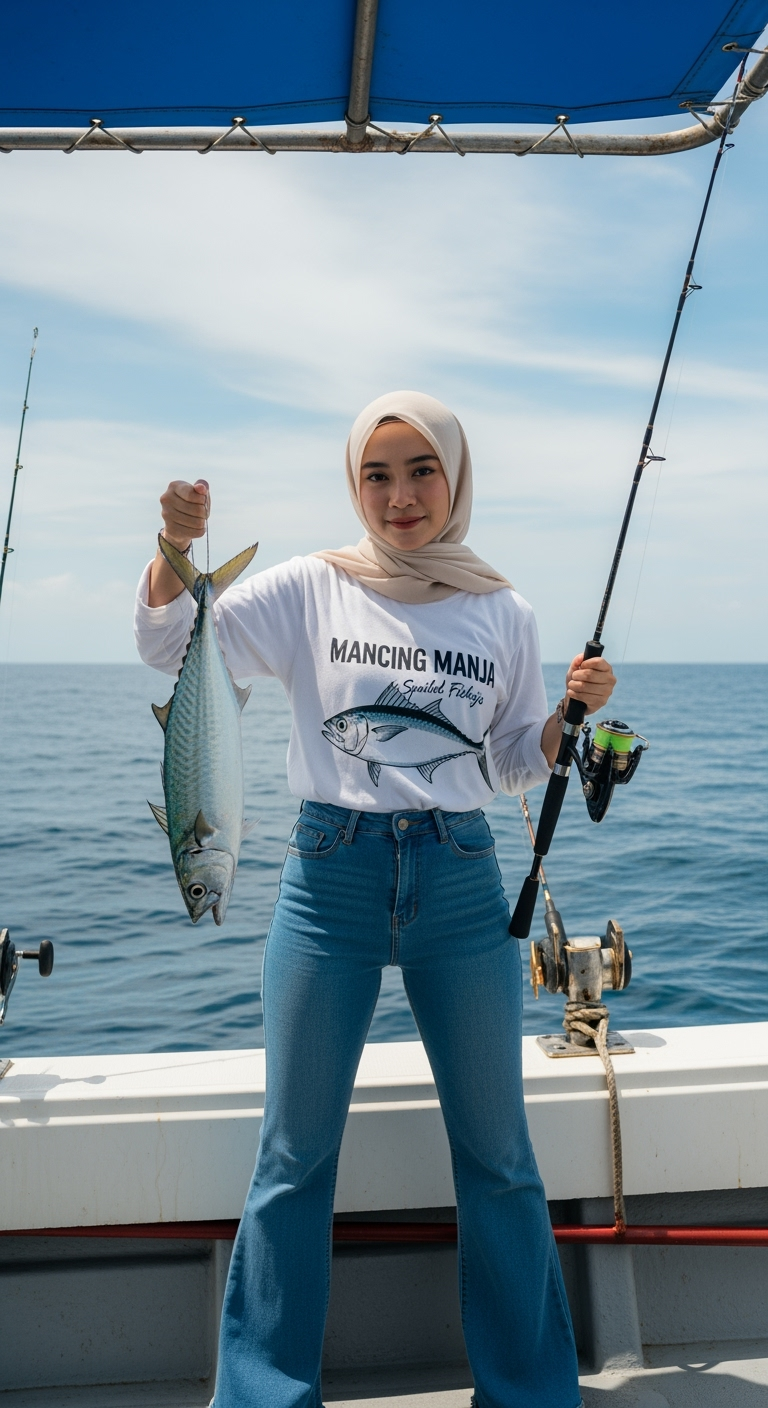 Gambar kreasi AI: Buat foto Seorang wanita muda cantik putih indonesia bergaya sedang memancing di atas perahu di tengah laut. Dia mengenakan hijab cream kaos panjang bertuliskan "Mancing Manja" dengan gambar ikan, celana jeans cutbray. Di tangannya, dia memegang ikan kembung yang baru saja ditangkap dan tangan lainnya memegang pancingan. Latar belakangnya adalah laut biru yang luas dengan langit yang cerah berawan. Perahu memiliki tenda biru di atasnya dan peralatan memancing yang terlihat jelas. Rasio 9:16.
