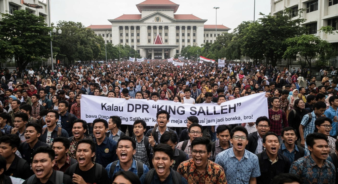 Postingan terkait: The scene opens with a wide shot of a massive crowd of Indonesian students marching down the street, echoing with thunderous voices. They hold large banners that read “King SalleH,” shouting passionately. The camera zooms from above, showing an ocean of people heading toward the DPR office.*

**Students (shouting in unison):**  
"If DPR is serious, then bring ‘King SalleH’ to the table! Stop just being puppets, bro!"

*The banner "King SalleH" is clearly visible, illuminated by lights against the backdrop of the grand DPR building. The atmosphere is lively, funny yet sharply critical.*

*The camera gradually zooms in on faces full of enthusiasm and wide smiles, symbolizing a mix of humor and sharp critique.*

**Voice-over in Indonesian:**  
*"Kalau DPR mau serius, bawa ‘King SalleH’ ke meja diskusi! Jangan cuma jadi boneka, bro!"*