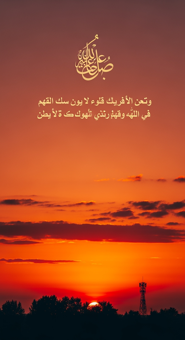 Postingan terkait: A high-quality photograph of a sunset sky with warm gradient colors ranging from orange to deep red, with scattered soft clouds reflecting the sunset tones. At the bottom of the image, there are dark silhouettes of trees and a thin metal communication tower. In the upper middle part of the image, there is elegant Arabic calligraphy text written in a light beige-golden color. The text says:
"هم لا يعرفون كم حرباً تخوض وأنت وحدك
لكنك ستخرج
وتحرق قيودك وتعود من جديد."

The overall mood is calm, inspiring, and reflective, conveying strength and inner resilience.
