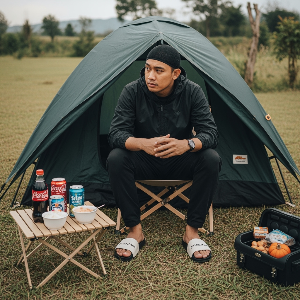 Postingan terkait: Seorang pria asia tenggara berusia 28-an duduk di luar ruangan dalam suasana camping, di kursi lipat hitam yang diletakkan di atas tanah berkerikil dekat rerumputan tinggi dan pepohonan. Ia mengenakan topi hitam dengan kacamata hitam, jaket olahraga hitam dengan garis putih, serta celana panjang hitam. Di kakinya, ia memakai kaos kaki putih dengan sandal slide putih merek Balenciaga. Tangannya santai, berpose seolah sedang berpikir atau malu wajahnya menghadap kamera. Di sampingnya ada meja lipat bulat kecil berwarna hitam dengan minuman: satu kaleng Coca-Cola, satu gelas kertas putih dengan sedotan, dan satu gelas tinggi putih. Suasana terasa tenang, sedikit sendu, dengan latar belakang hijau alami penuh dedaunan dan pepohonan, cahaya alami lembut, nuansa sinematik, warna agak desaturasi