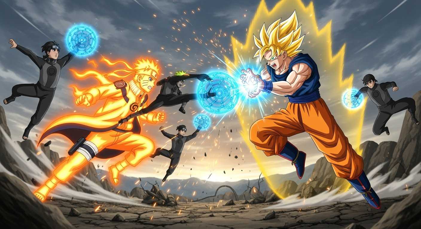 Gambar kreasi AI: Animated cinematic battle scene of Naruto Uzumaki versus Son Goku. Naruto uses Rasengan, Shadow Clone Jutsu, and Kurama chakra mode. Goku transforms into Super Saiyan with glowing golden aura and launches Kamehameha. Intense martial arts fight with fast movements, shockwaves, and glowing energy blasts. Epic anime-style battle, dynamic camera angles, dramatic lighting, sparks, and destruction around them. High quality, fluid animation, detailed expressions, and cinematic atmosphere."
