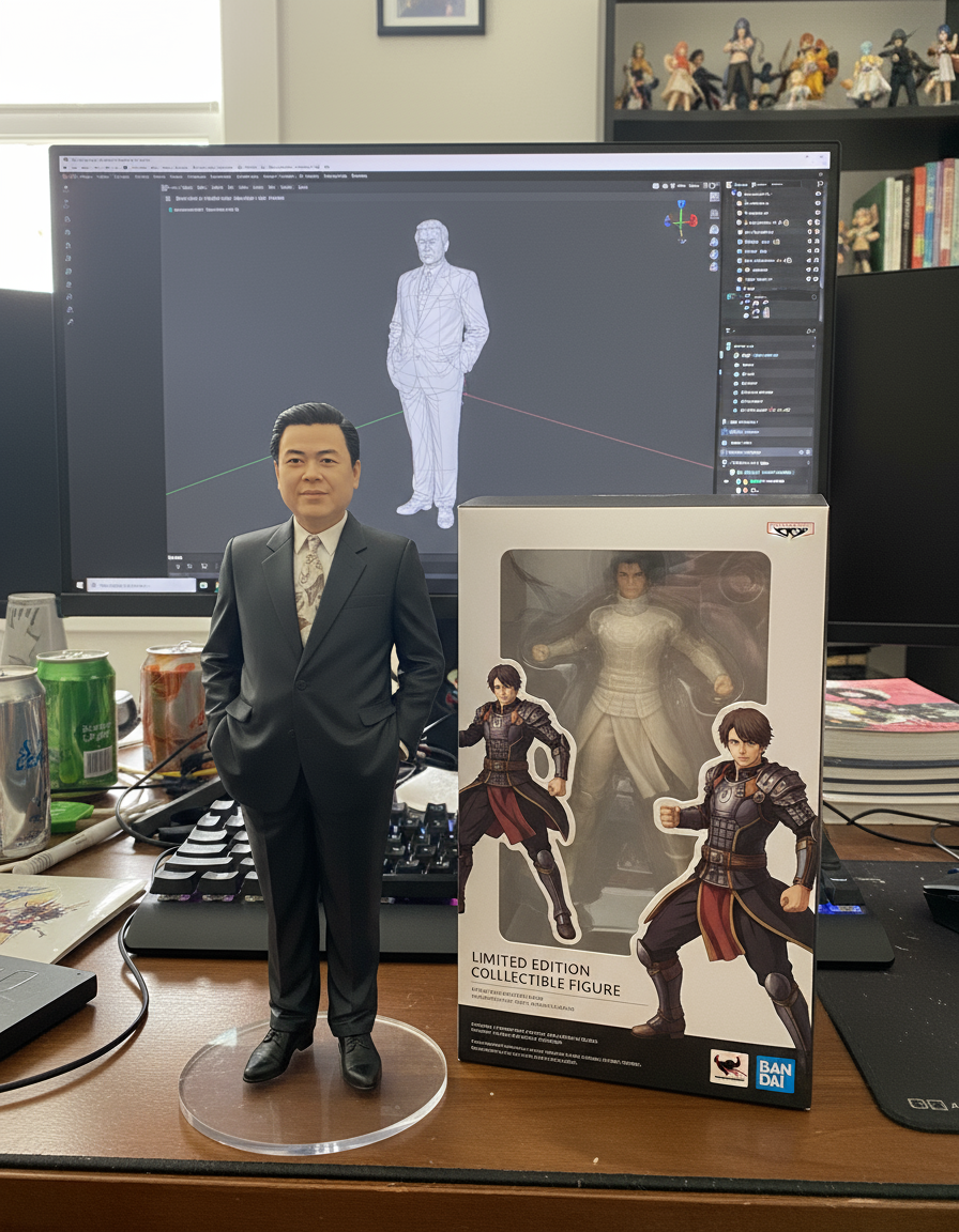 Postingan terkait: create a 1/7 scale commercialized figurine of the characters in the picture, in a realistic style, in a real environment. The figurine is placed on a computer desk. The figurine has a round transparent acrylic base, with no text on the base. The content on the computer screen is a 3D modeling process of this figurine. Next to the computer screen is a toy packaging box, designed in a style reminiscent of high-quality collectible figures, printed with original artwork. The packaging features two-dimensional flat illustrations.