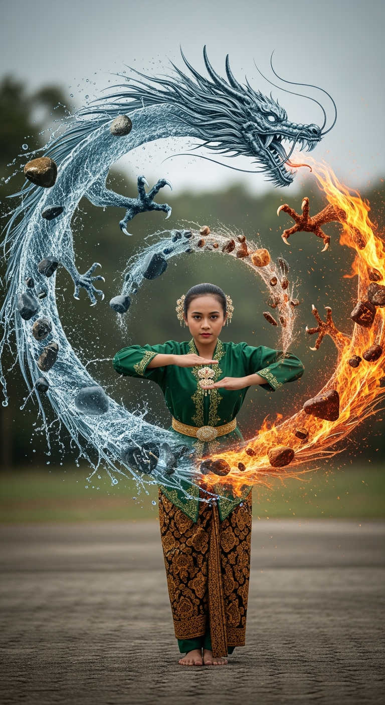 Gambar kreasi AI: Seorang wanita muda Indonesia berpakaian tradisional Jawa berwarna hijau, sinematik 8K rasio aspek 9:16, hiper realistis menampilkan sikap membungkuk avatar, melakukan gerakan jurus pencak silat, di luar ruangan. Sebuah cincin berputar-putar dari keempat elemen: bumi, udara, air, dan api mengelilingi dia, membentuk naga, lengkap dengan cakar, kumis, dan tikungan dramatis. Naga itu tampaknya hidup mengalir di luar tangannya, ditangkap dengan unsur-unsur fisika alami—air, tetesan, percikan, bias, kabut, batu, debu, kerikil, angin, api dan bara.