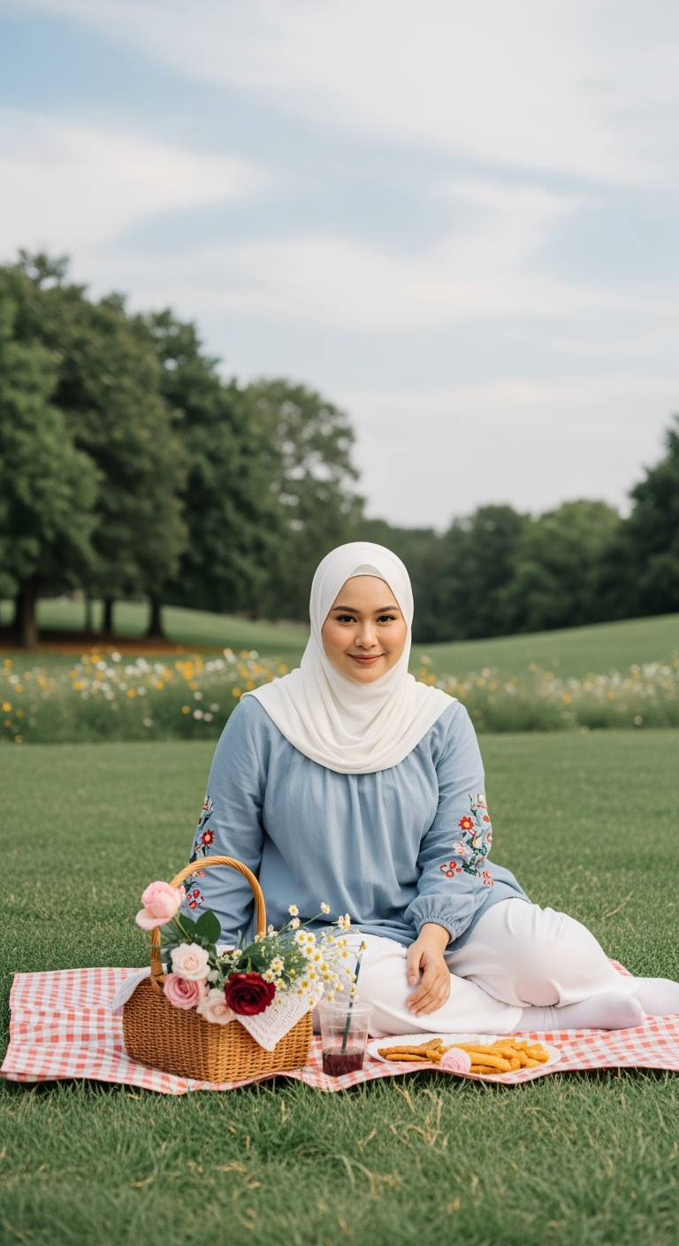 Postingan terkait: Foto ultra realistis seorang wanita berhijab dengan tubuh sedikit berisi, duduk santai di atas tikar kotak-kotak merah putih di taman hijau yang luas. Ia mengenakan hijab putih polos, atasan longgar berwarna biru muda dengan detail bordir bunga di lengan, serta celana longgar putih. Di depannya ada keranjang anyaman berisi bunga mawar dan daisy segar, minuman dalam gelas plastik, dan makanan ringan piknik. Latar belakang berupa pepohonan rimbun, hamparan bukit hijau, bunga-bunga kecil, dan langit cerah dengan awan tipis.
Difoto menggunakan kamera DSLR full-frame (Canon EOS R5), lensa 50mm f/1.8, depth of field dangkal dengan fokus tajam pada wanita, pencahayaan natural siang hari, tone warna realistis dengan saturasi alami, menghasilkan nuansa ceria, hangat, dan tenang seperti momen nyata.