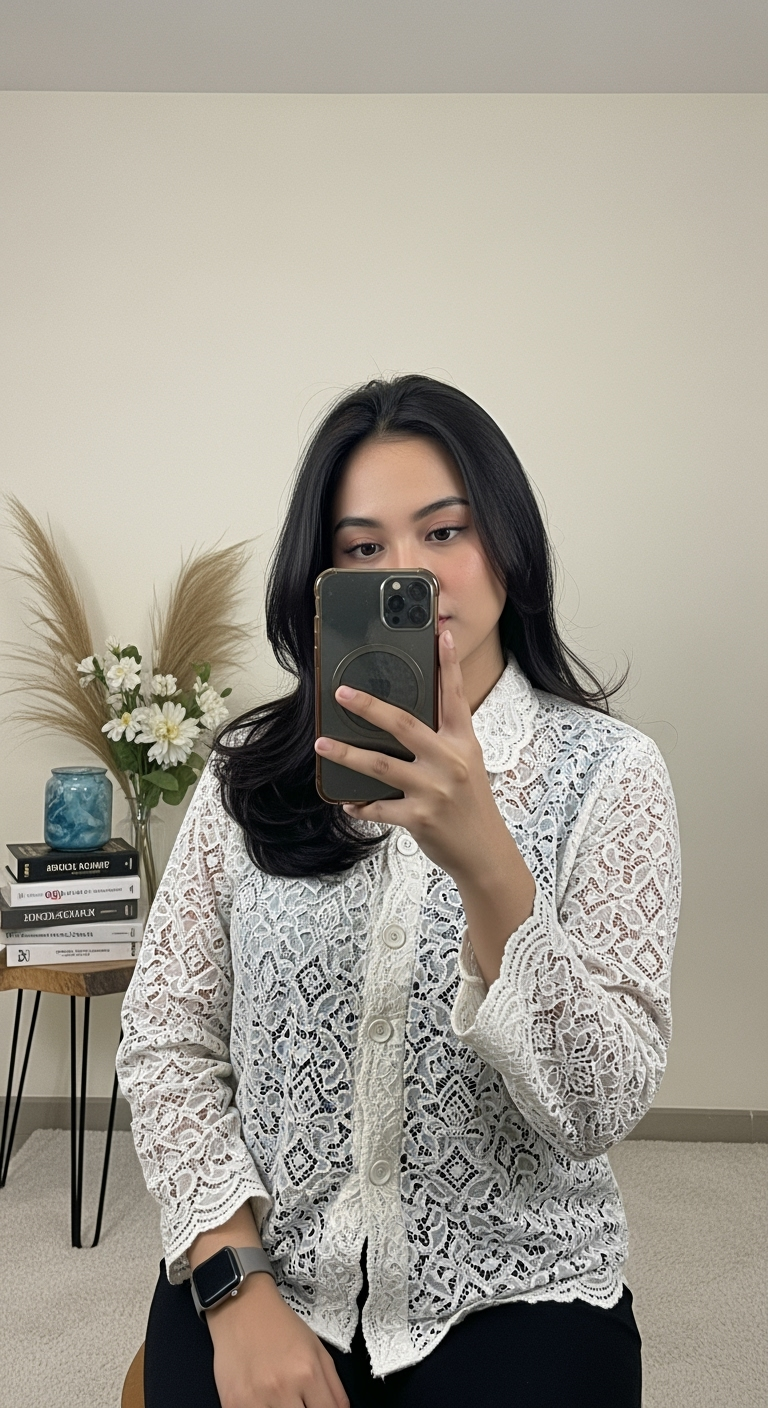 Postingan terkait: Sebuah selfie .5 (point five) dari sudut tinggi yang diambil dengan kamera belakang ultra-lebar 0.5x ponsel, menampilkan seorang wanita Indonesia berusia 18 tahun dengan postur jam pasir. Dia membuat tanda "peace" dengan tangannya dan menempelkannya di pipi. Dia memiliki ketiak putih alami, dada yang sangat besar dan menonjol namun alami, rahang berbentuk V, dan riasan alami. Rambut hitam panjangnya diikat berantakan dengan sedikit poni dan dia mengenakan cincin kawin sederhana di jari manis kirinya. Dia mengenakan gaun mini halter-neck berwarna merah muda terang yang pas di badan dengan bagian bawah rok skater. Foto diambil di kamar kos khas Indonesia pada malam hari, yang sedikit berantakan dengan barang-barang pribadi seperti buku, pakaian, dan barang-barang dekoratif kecil. Pencahayaan berasal dari lampu kilat ponsel, menciptakan sorotan terang di wajah dan tubuh bagian atasnya dengan bayangan yang dramatis, dan gambar tersebut memiliki estetika grainy dan minim cahaya.