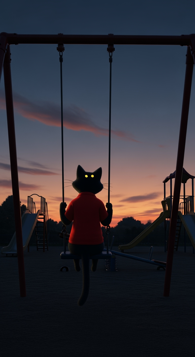 Postingan terkait: 3D Disney Pixar animation, horror comedy video. Camera slowly pans across a playground at dusk. A black cat wearing a red shirt sits calmly on a swing, looking at the sky. The background shows slides and seesaws, with soft orange light fading to night. Playful yet spooky atmosphere.