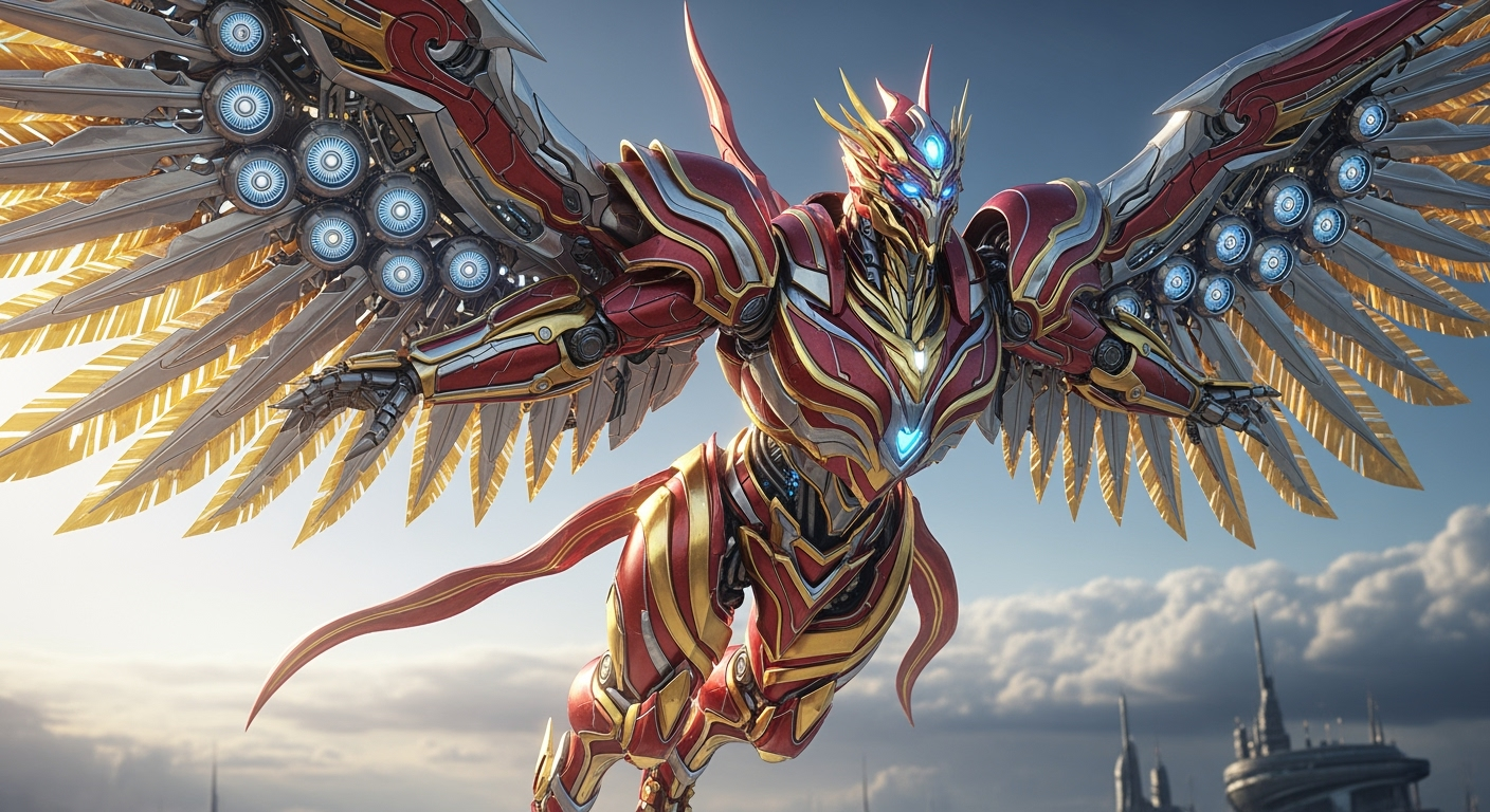 Postingan terkait: robot Phoenix raksasa yang sedang terbang di langit, membentangkan sayap logam besar yang berkilauan. Desain futuristik, tubuh berlapis baja merah metalik dan emas, mata menyala biru tajam. Sayapnya dipenuhi detail mekanik, turbin kecil menyala di sela-sela lipatan sayap, bulu-bulu logamnya berkilau. Tekstur menonjol dan mata tajam serta warna keemasan dipadukan dengan warna merah yang elegan. Gambar menampilkan seluruh bagian dari robot Phoenix tersebut.