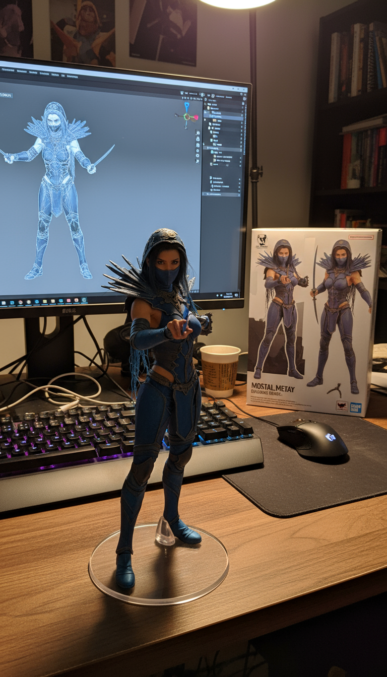 Gambar kreasi AI: create a 1/7 scale commercialized figurine of the characters in the picture, in a realistic style, in a real environment. The figurine is placed on a computer desk. The figurine has a round transparent acrylic base, with no text on the base. The content on the computer screen is a 3D modeling process of this figurine. Next to the computer screen is a toy packaging box, designed in a style reminiscent of high-quality collectible figures, printed with original artwork. The packaging features two-dimensional flat illustrations.