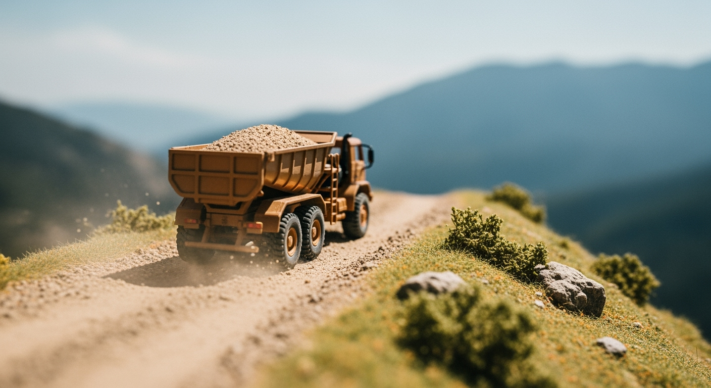 Postingan terkait: {
  "shot": {
    "composition": "center-focused dengan depth berlapis, mobil miniatur sebagai fokus utama di jalur tanah pegunungan",
    "camera_motion": "slow tracking shot mengikuti mobil dari belakang, lalu orbit di samping saat menanjak",
    "frame_rate": "30fps",
    "film_grain": "subtle grain untuk kesan realistis"
  },
  "subject": {
    "description": "Miniatur truk pengangkut pasir sedang berjalan di jalur tanah pegunungan, pasir terlihat bergetar dan sedikit tumpah saat jalan menanjak.",
    "style": "photorealistic cinematic miniature",
    "camera": "tracking low-angle mengikuti mobil, lalu close-up ke bak pasir",
    "lighting": "natural daylight dengan cahaya matahari pegunungan",
    "environment": "jalur tanah pegunungan dengan bebatuan kecil dan semak liar",
    "elements": [
      "miniatur truk pengangkut pasir",
      "pasir dalam bak",
      "bebatuan kecil",
      "tanah berdebu",
      "latar pegunungan"
    ],
    "motion": "roda berputar perlahan, pasir sedikit berjatuhan, mobil menanjak dengan guncangan kecil",
    "ending": "mobil berhasil melewati tanjakan kecil dengan pasir tetap di bak",
    "text": "none",
    "keywords": [
      "miniature truck",
      "mountain road",
      "sand carrier",
      "photorealistic",
      "cinematic",
      "no text",
      "16:9"
    ],
    "wardrobe": "none"
  },
  "scene": {
    "location": "jalur pegunungan tanah dan batu",
    "time_of_day": "siang hari",
    "environment": "alami, penuh detail kecil seperti batu, tanah, dan semak"
  },
  "visual_details": {
    "action": "mobil bergerak perlahan menanjak, pasir terlihat sedikit tumpah",
    "props": [
      "miniatur truk",
      "pasir",
      "bebatuan kecil",
      "tanah berdebu"
    ]
  },
  "cinematography": {
    "lighting": "natural sunlight dengan kontras lembut",
    "tone": "realistis dengan nuansa petualangan miniatur"
  },
  "audio": {
    "ambient": "suara angin pegunungan lembut dan roda kecil menggesek tanah",
    "lyrics": "none",
    "vocal_style": {
      "delivery": "none",
      "flow": "none",
      "phrasing": "none",
      "texture": "none"
    },
    "voice_tone": "none",
    "tempo": "natural sesuai gerak mobil",
    "rhythm": "lambat stabil"
  },
  "color_palette": [
    "earthy browns",
    "natural greens",
    "sky blue",
    "dusty beige"
  ],
  "dialogue": {
    "character": "none",
    "line": "none",
    "subtitles": false
  }
}