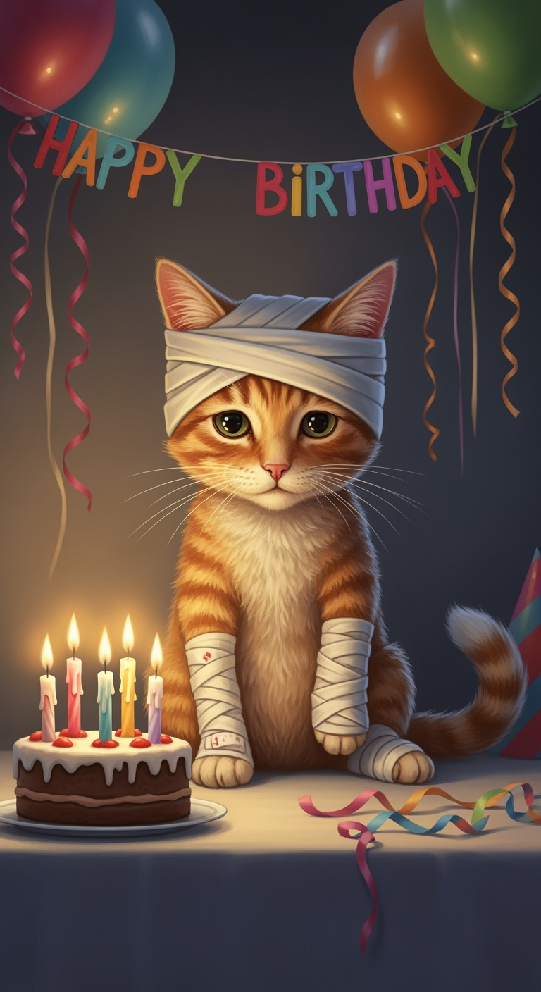 Postingan terkait: A cute orange cat looking sick, both front paws wrapped in bandages and head wrapped in a white bandage, sitting weakly in front of a birthday cake with glowing candles. Simple birthday party decorations with colorful balloons and ribbons, warm candlelight, soft lighting, digital painting style, realistic fur texture, slightly sad yet heartwarming mood.