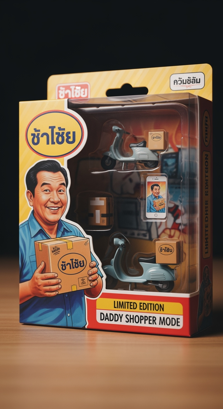 Postingan terkait: A hyperrealistic cinematic photo of a vintage 1980s action figure box. The packaging features a detailed illustration of a jovial middle-aged Thai man, eyes sparkling with joy as he clutches a cardboard parcel. The Thai text "กล่องจ๋า" is rendered in a glossy, bubbly font. Accessories like a miniature delivery scooter and a smartphone are visible behind the plastic blister. The box shows slight shelf wear, with "LIMITED EDITION" and "DADDY SHOPPER MODE" printed in crisp, retro typography. The shot is taken with a macro lens, capturing the texture of the cardboard and the reflection on the plastic. The lighting is soft and dramatic, creating a shallow depth of field. 8k, photorealistic, professional product photography. --ar 16:9