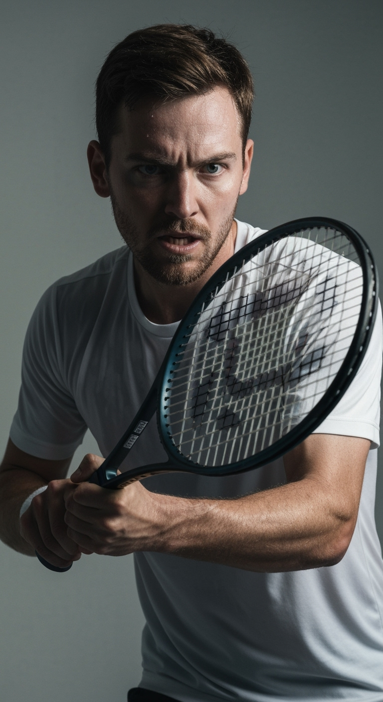 Postingan terkait: Use the attached reference image. Generate a high-quality cinematic studio photography image of a tennis player, framed waist-up only (half body shot). The player should be captured in slow motion mid-swing, with the racket clearly visible. Face fully shown with a determined, focused expression, sweat droplets visible for realism. Dramatic cinematic studio lighting, neutral simple background, film-like tones and depth. Style: raw, cinematic commercial photography. --chaos 15 --ar 3:4 --stylize 400