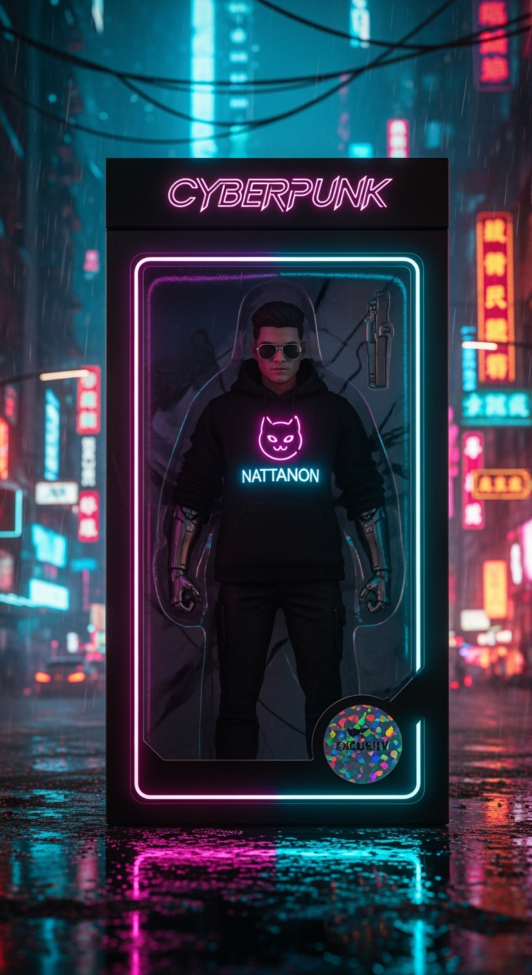 Postingan terkait: A photorealistic cinematic shot of a cyberpunk action figure in its original packaging. The figure is a cool young Thai man wearing sunglasses and a black hoodie with a glowing neon cat logo and the name "NATTANON". He has dark cybernetic arms. The box is sleek and black, framed with glowing pink and blue neon lights, against a backdrop of a futuristic, rain-slicked neon city at night. The title "CYBERPUNK" is in a bold neon font. A holographic sticker is on the bottom right corner. The lighting is moody and high-contrast, reflecting the neon lights on the packaging.