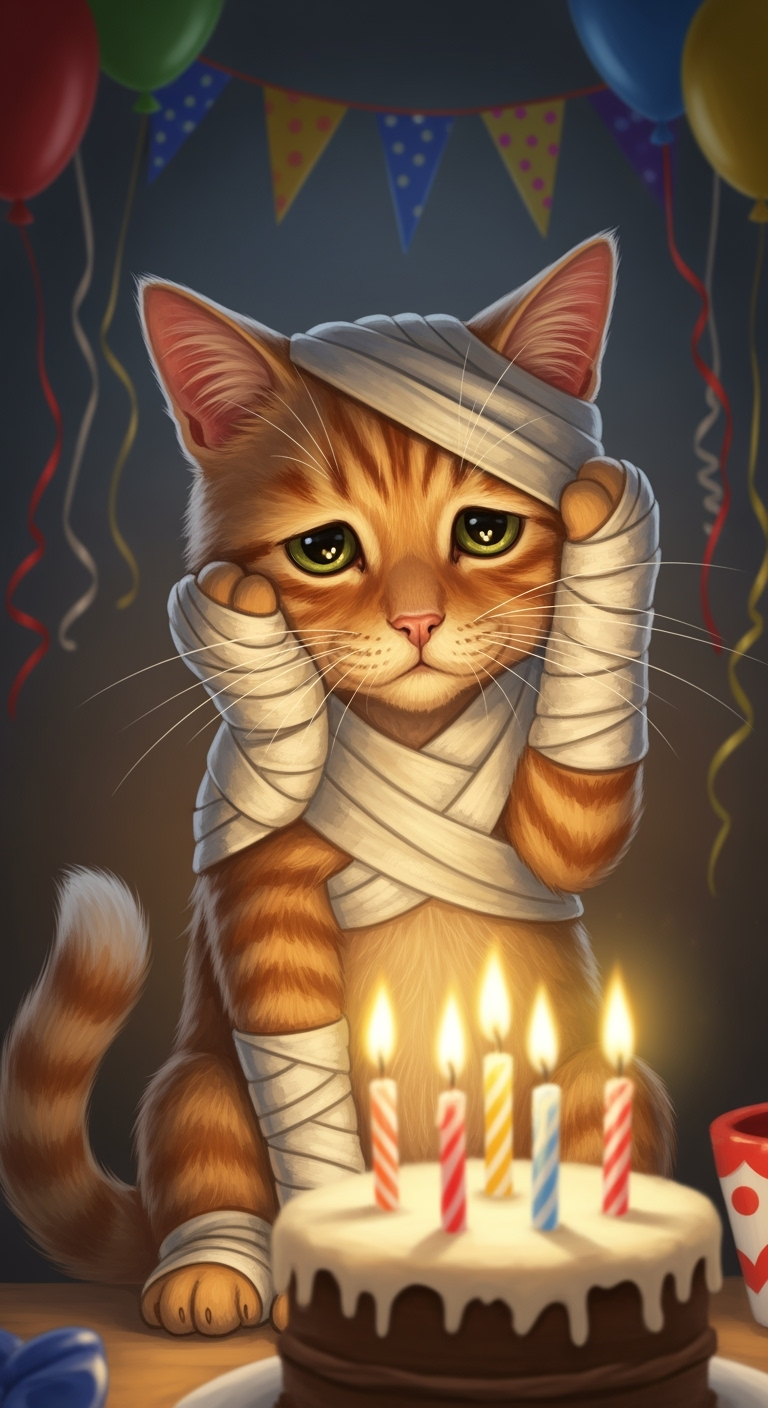 Postingan terkait: A cute orange cat looking sick, both front paws wrapped in bandages and head wrapped in a white bandage, sitting weakly in front of a birthday cake with glowing candles. Simple birthday party decorations with colorful balloons and ribbons, warm candlelight, soft lighting, digital painting style, realistic fur texture, slightly sad yet heartwarming mood.