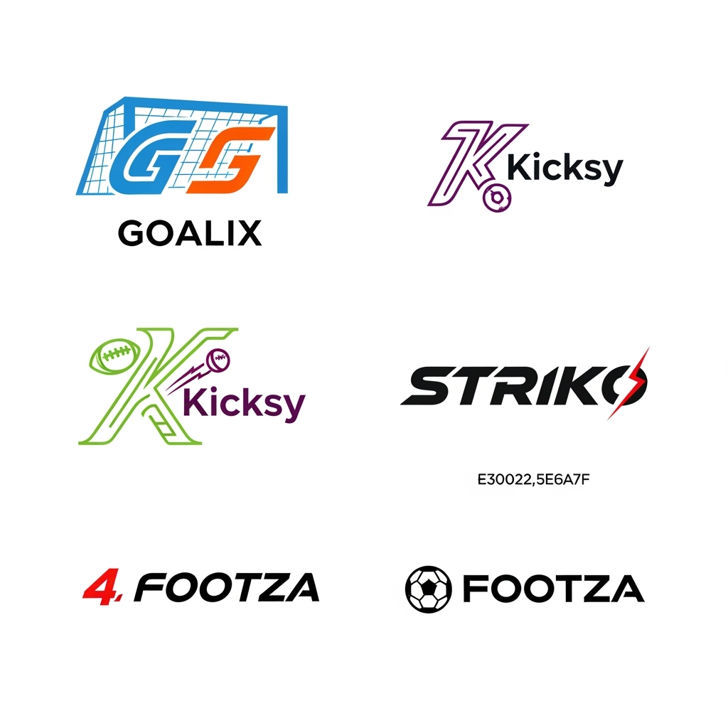 Gambar kreasi AI: Create 10 modern and creative football store logos for the year 2026. 
Each logo should be inspired by unique professional logo design styles. 
Replace the names with the following short and catchy store names: 
Goalix, Kicksy, Striko, Footza, Balora, Socio, Netrun, Velta, Tigro, Dribex. 

Design rules:
- Background must be pure white (PNG transparent background).
- Each logo should use exactly two unique and vibrant colors.
- Make the logos clean, futuristic, and eye-catching.
- Keep the style minimal but professional, with a strong football/sports theme.
- Each logo must look unique and different from the others.