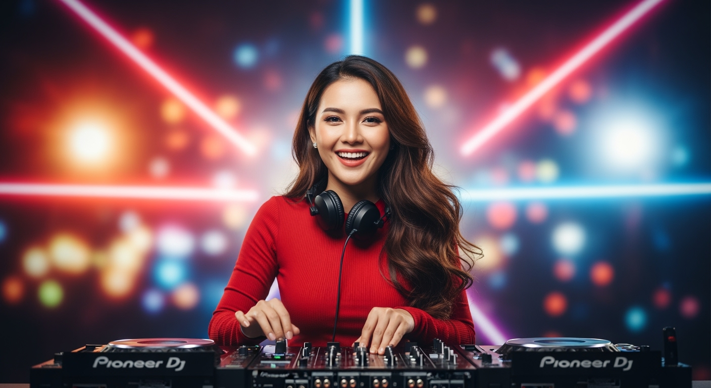 Gambar kreasi AI: A beautiful Indonesian woman with long, flowing hair, wearing a tight red shirt that shows off her curves, stands confidently behind a DJ set as if performing live. She faces the camera with a happy expression, surrounded by colorful neon stage lights and bokeh effects, evoking the atmosphere of a night party or music concert. The atmosphere is energetic and festive, with realistic lighting and a high depth of field for a natural, high-definition look.
