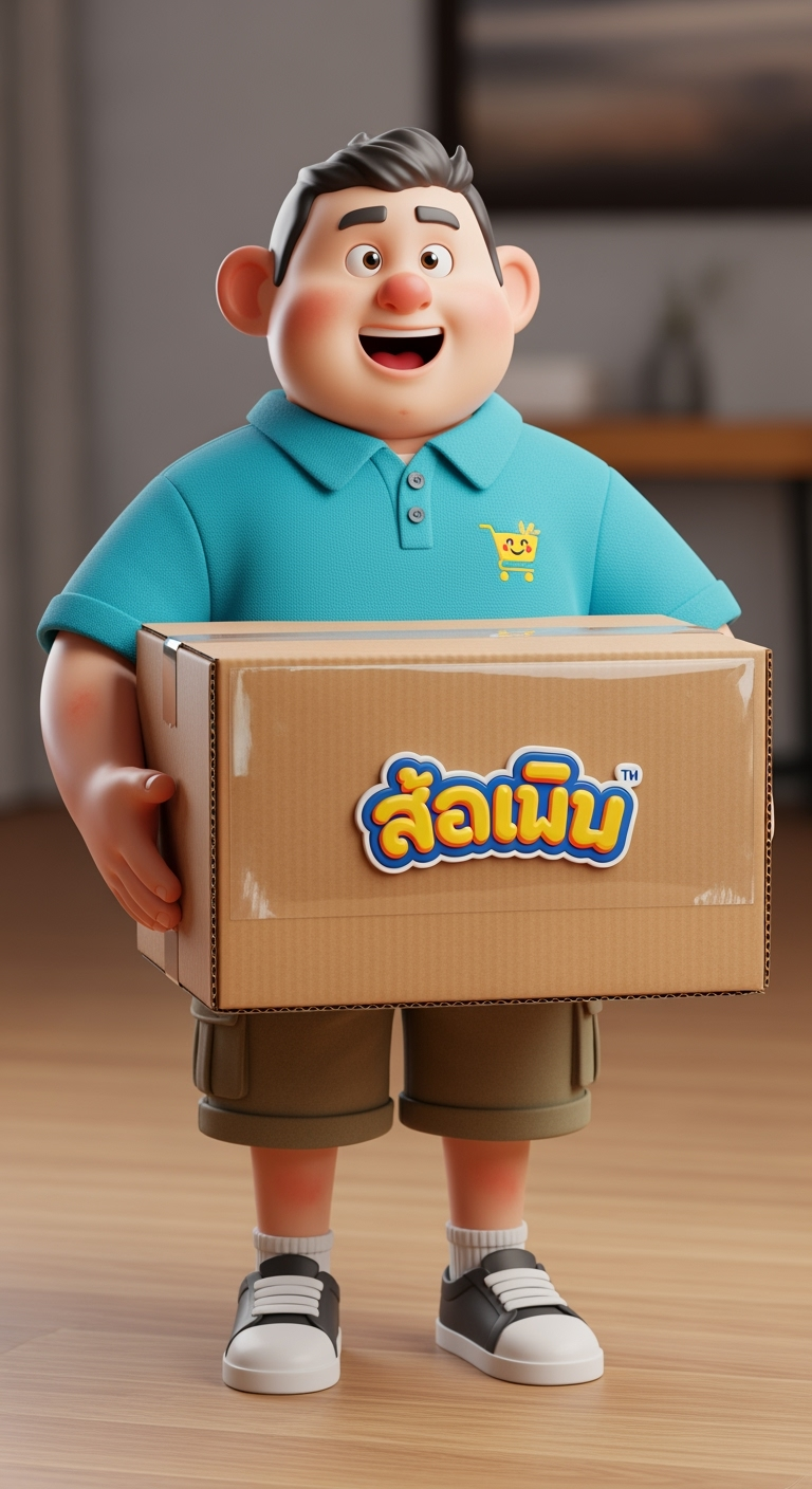 Postingan terkait: A cinematic 3D render of a collectible toy called "Daddy Shopper Mode". The character is a charmingly stylized middle-aged Thai man with an overjoyed expression, modeled in the style of modern animated films. He is holding a perfectly rendered cardboard box. The packaging, titled "กล่องจ๋า" in a fun 3D font, is made of glossy plastic and printed cardboard. The scene is lit with soft global illumination, highlighting the subsurface scattering on the character's skin and the realistic textures of the materials. Created in Octane Render, 8k, super detailed, whimsical and heartwarming. --ar 16:9