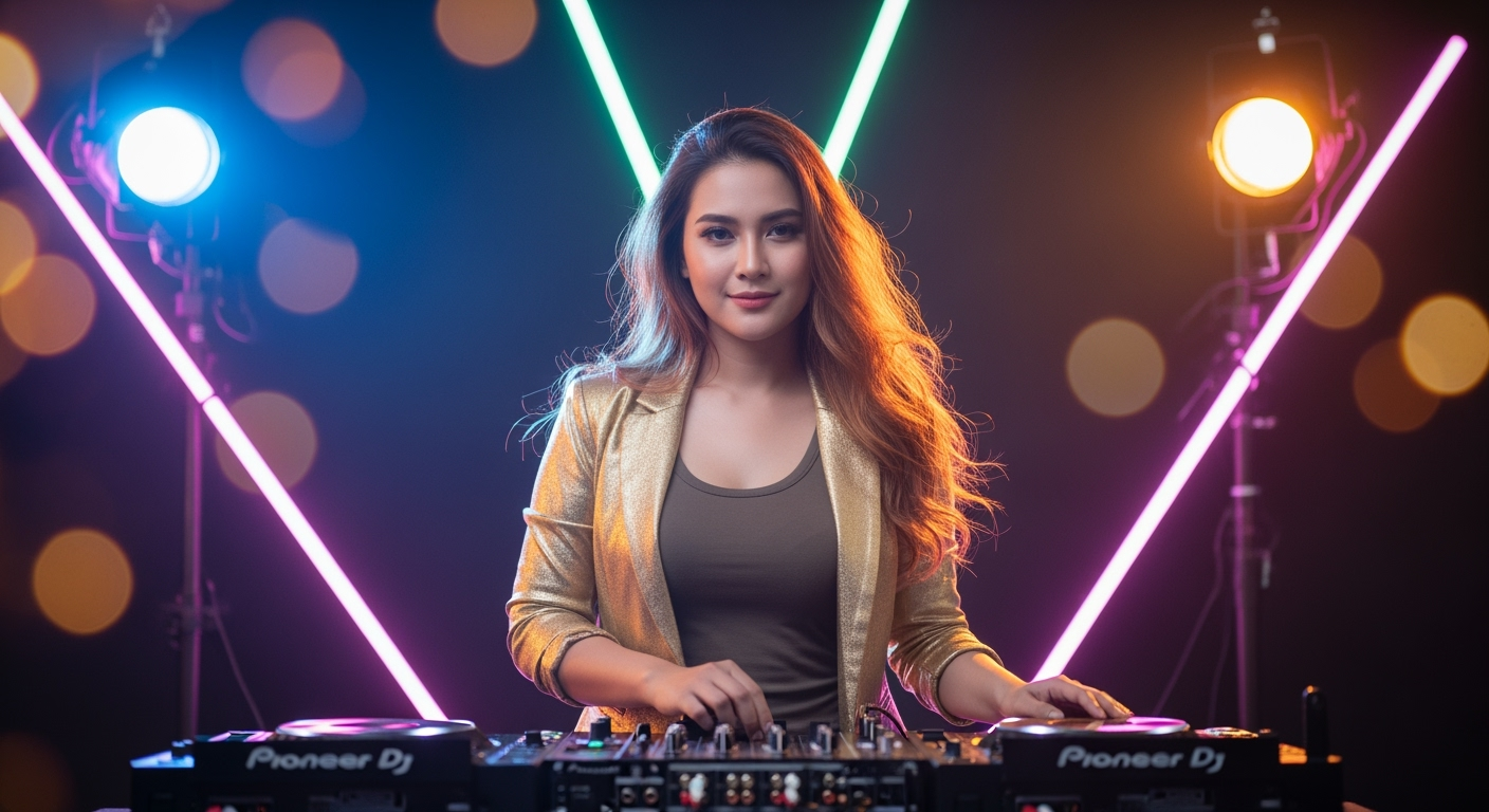 Postingan terkait: A beautiful Indonesian woman with long, flowing hair, wearing a tight shirt and a Gold blazer that shows off her curves, stands confidently behind a DJ set as if performing live. She faces the camera with a happy expression, surrounded by colorful neon stage lights and bokeh effects, evoking the atmosphere of a night party or music concert. The atmosphere is energetic and full of party vibes, with realistic lighting and a high depth of field for a natural, high-definition look.