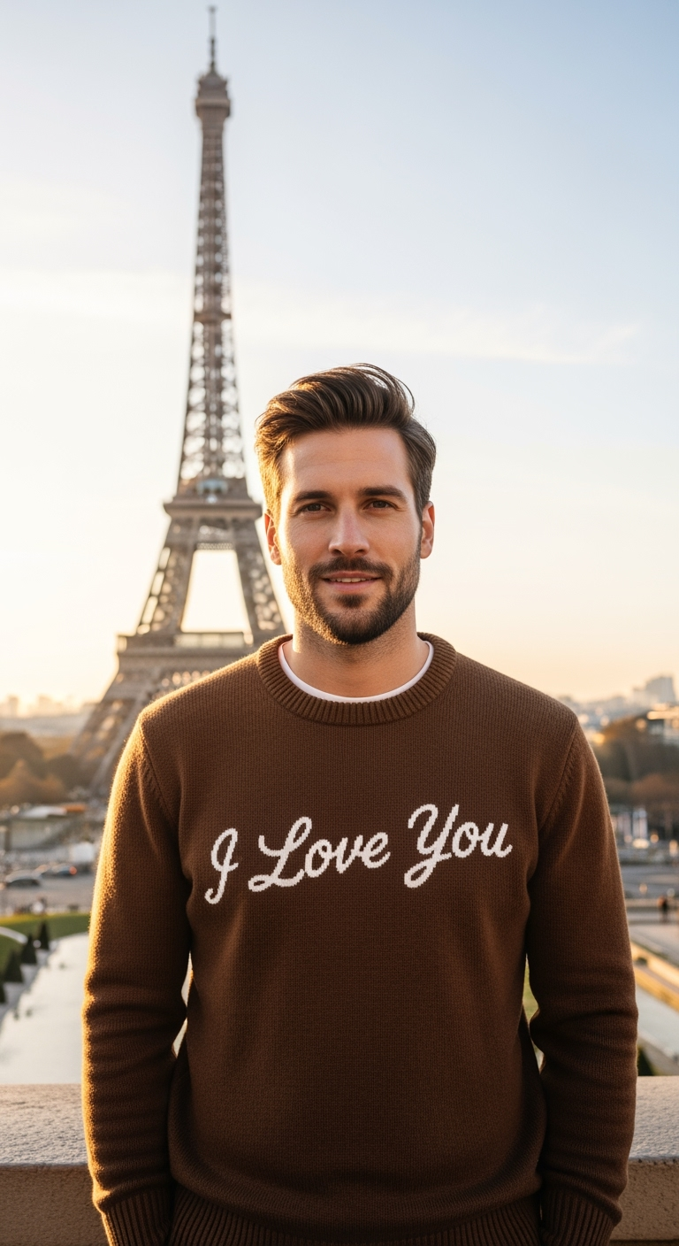 Gambar kreasi AI: Buat seseorang pria 30tahun ganteng. Memakai baju switer coklat bergambar I Love you tersebut di depan menara paris . Buat gambar realistis