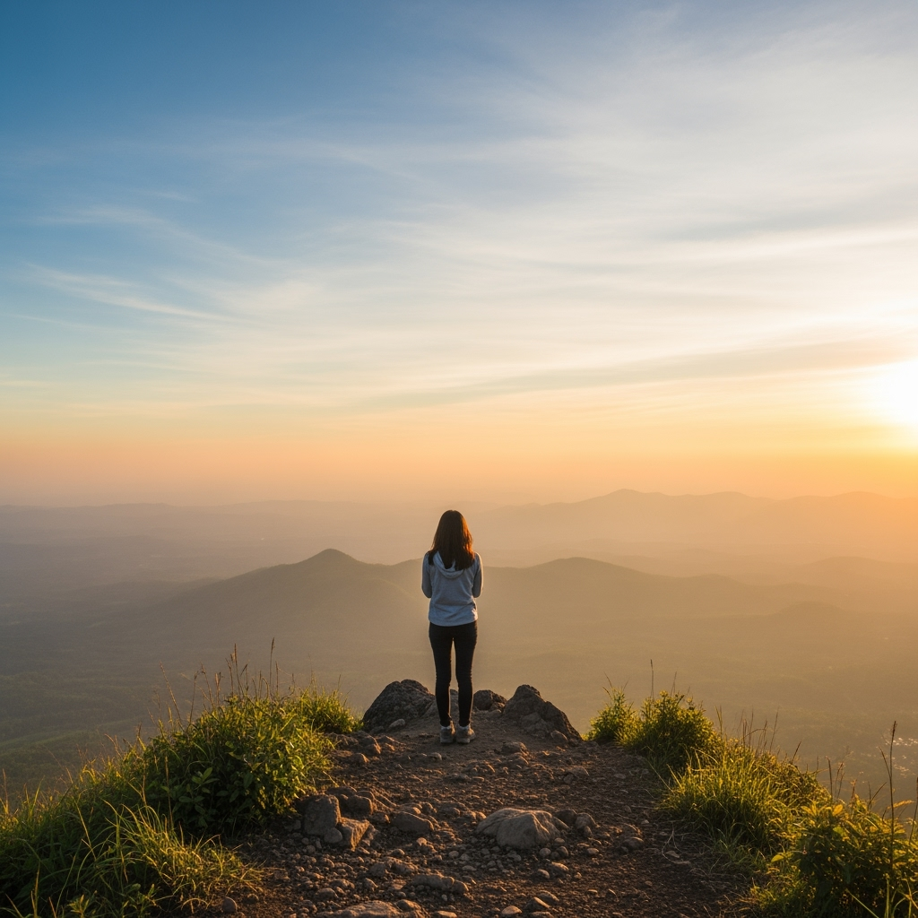 Postingan terkait: Pemandangan sinematik seorang pendaki wanita di puncak gunung bersalju, saat matahari terbit. Langit berwarna oranye dan merah muda, dengan awan yang dramatis. Wanita itu berdiri membelakangi kamera, melihat ke arah pemandangan yang megah. Komposisi wide shot yang menampilkan kebesaran alam. Fotografi petualangan yang epik, dengan efek lensa sinematik."