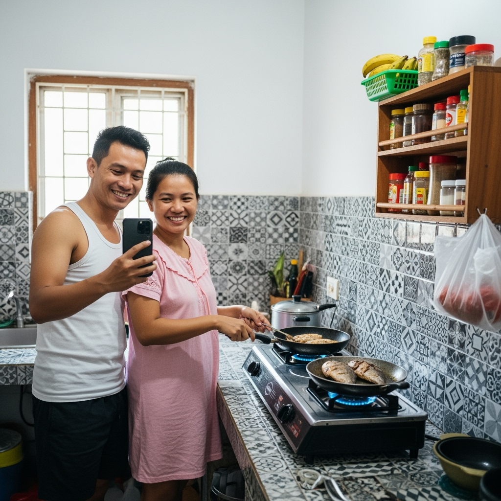 Gambar kreasi AI: A man and woman are in a simple, home-style kitchen with gray, black, and white patterned ceramic walls. The man is wearing a white sleeveless undershirt and black shorts, smiling broadly as he holds up his phone for a selfie. A sexy, large-breasted woman stands beside him, wearing a thin pink nightgown, cooking fried fish on a two-burner gas stove. An open wooden shelf on the wall displays several jars and bottles of kitchen spices, while above it is a plastic basket filled with fruit. A clear plastic bag hangs beside the shelf. Behind them, there is a small window. The warm, natural, and casual atmosphere depicts the moment of a couple cooking together while immortalizing the moment with a selfie.