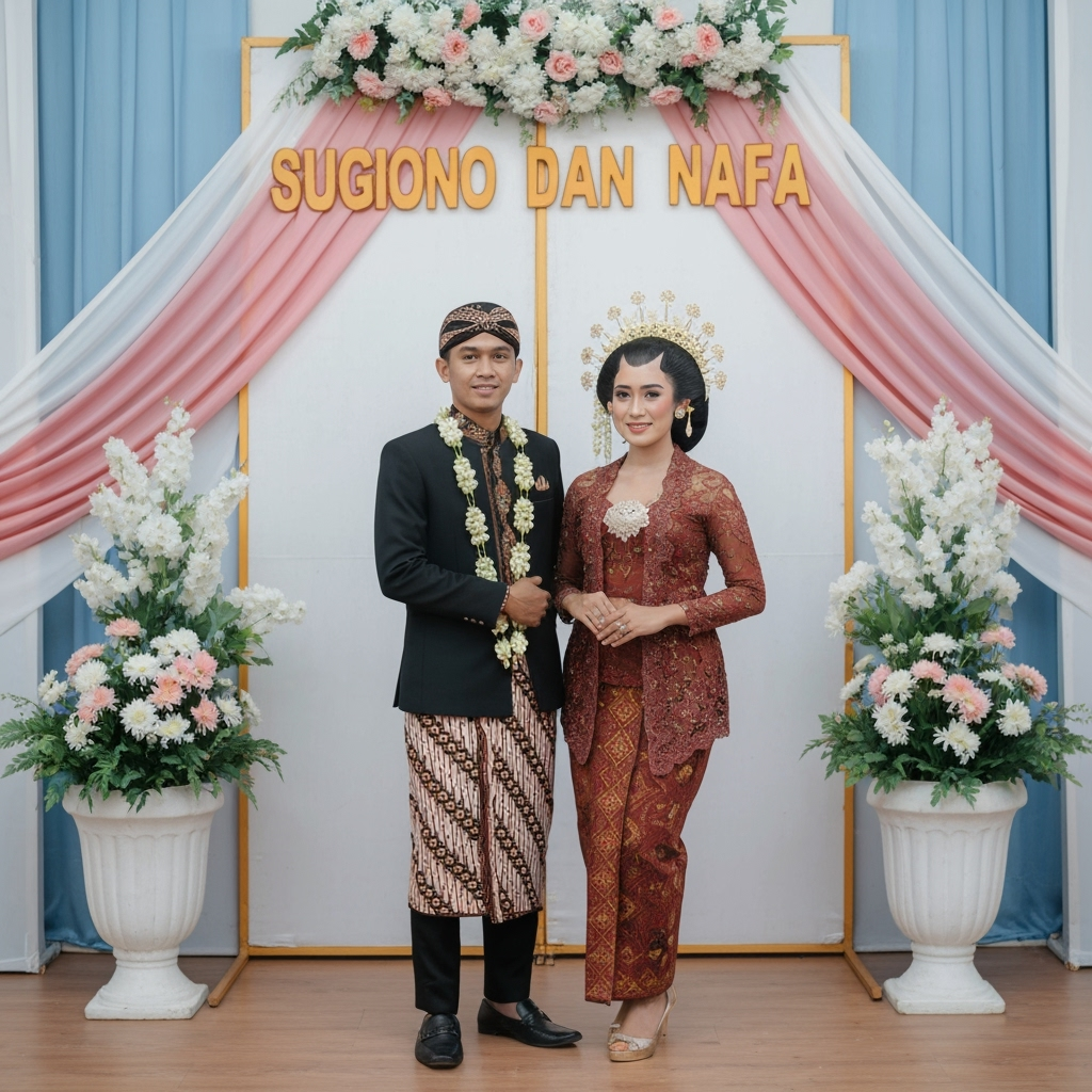 Postingan terkait: Buat Foto sepasang pengantin (Gunakan foto yang saya unggah)  sedang berpose di depan dekorasi bertuliskan "SUGIONO DAN NAFA" dengan bunga berwarna ungu dan putih. Keduanya mengenakan pakaian pengantin tradisional Jawa.

Pengantin pria mengenakan atasan beskap berwarna emas dengan corak batik pada bagian bawahnya, serta blangkon emas di kepalanya. Sementara itu, pengantin wanita memakai kebaya brokat berwarna emas yang dihiasi payet dan kalung, serta jarit batik.
Mereka berdua mengenakan kalung melati panjang dan pengantin wanita juga memakai hiasan kepala Siger Sunda yang berkilauan. Mereka terlihat tersenyum dan pengantin pria merangkul pengantin wanita dari belakang.