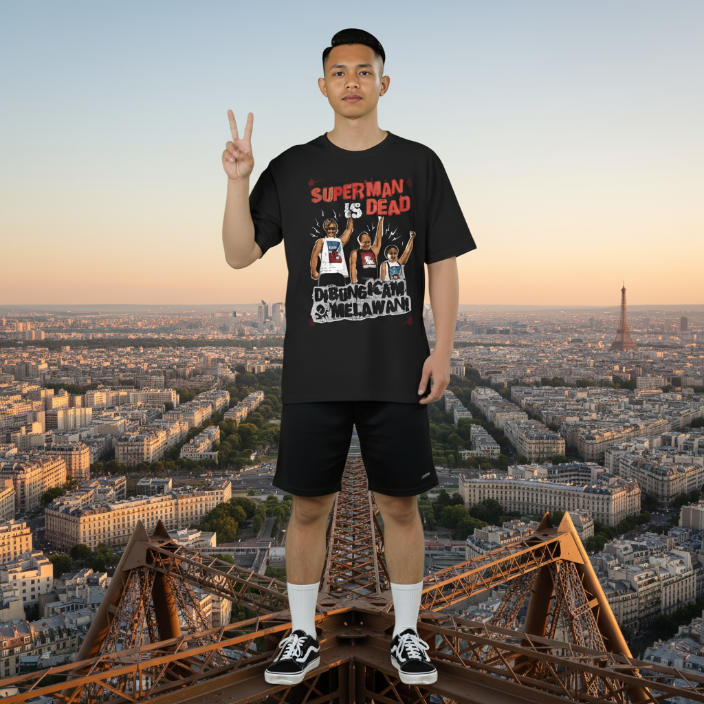Postingan terkait: A hyper-realistic cinematic image,based on the character from the uploaded image (including clothing, expression, hairstyle) standing at the very top of a famous eiffel tower in Paris, From this high vantage point, the entire Paris skyline is visible: the Eiffel Tower in the distance, classic Parisian rooftops, and winding streets below. Golden daylight shines across the city, with soft atmospheric haze adding depth. The camera angle is wide, slightly low, making the person look majestic and free while embracing the panoramic view. Mood: liberating, cinematic, awe-inspiring.Aspect ratio: 3:4, ultra-realistic, cinematic detail.