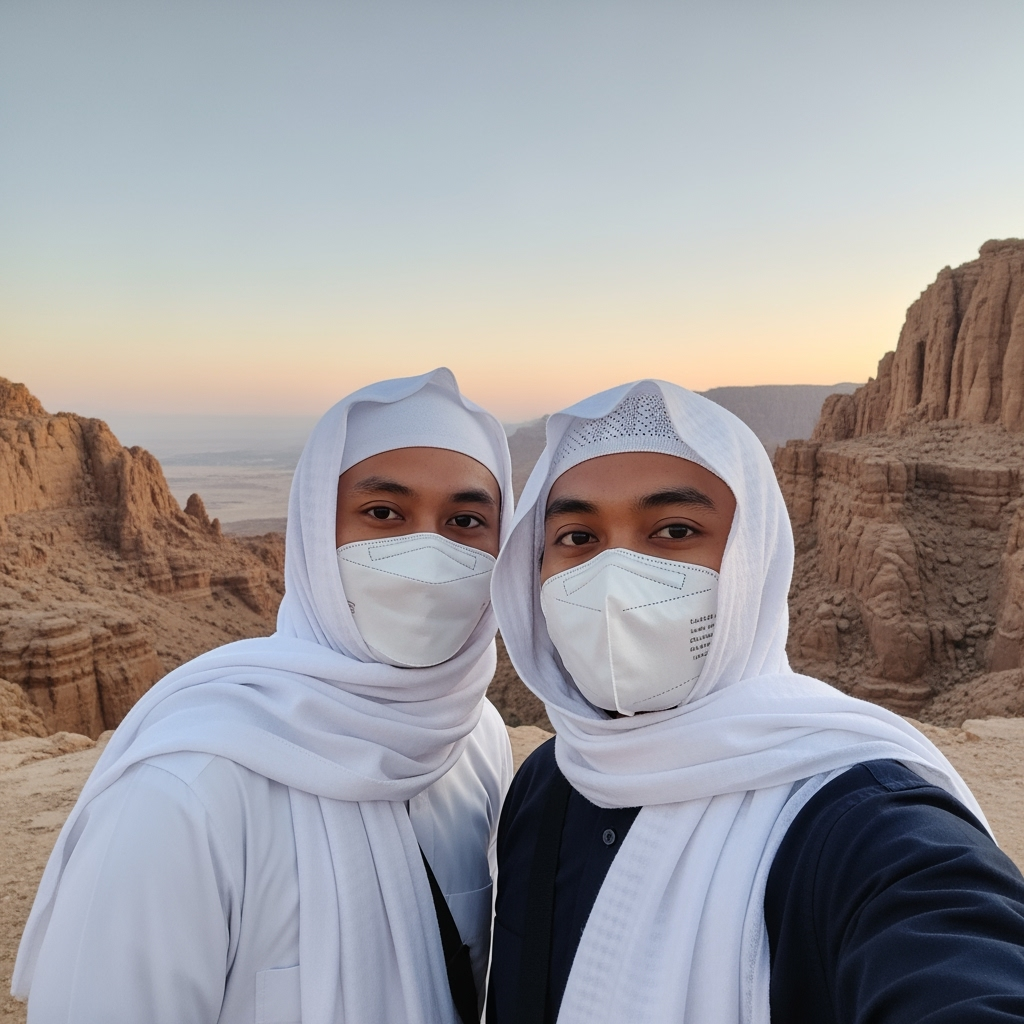 Gambar kreasi AI: Sepasang suami istri indonesia berfoto selfy di Jabal khaf Mekah di sore hari  .Dengan suasana suka cita, sama sama memakai busana muslim warna putih