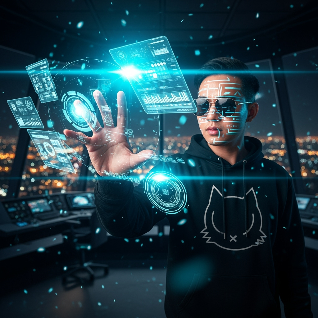 Postingan terkait: พรอมต์ที่แกะรอยได้:
Cinematic, wide-angle shot of a young Thai man in a black hoodie with a cat logo, wearing sunglasses, interacting with a complex, floating holographic user interface. His hand is outstretched, manipulating glowing blue data streams and circular HUD elements. The setting is a dark, high-tech control room with a night city view in the background. The image has a shallow depth of field, with lens flare and glowing particles creating a dynamic and futuristic atmosphere. The primary light source is the bright cyan glow from the holographic screens reflecting on his face and hand.