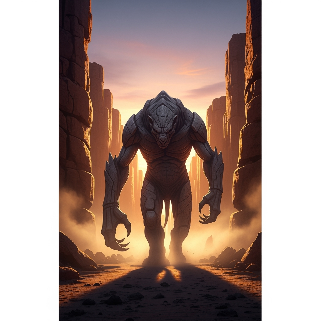 Gambar kreasi AI: A solitary stone beast named Khorathiks, forged from dust and memory, walking slowly through a forgotten canyon. 
Cinematic vertical frame, ultra-realistic detail, dust swirling around its massive claws, 
sunset light casting long shadows on canyon walls. 
Mood: loneliness without despair, wisdom without words, power without violence. 
Ultra-detailed, vertical 9:16 composition, no text.