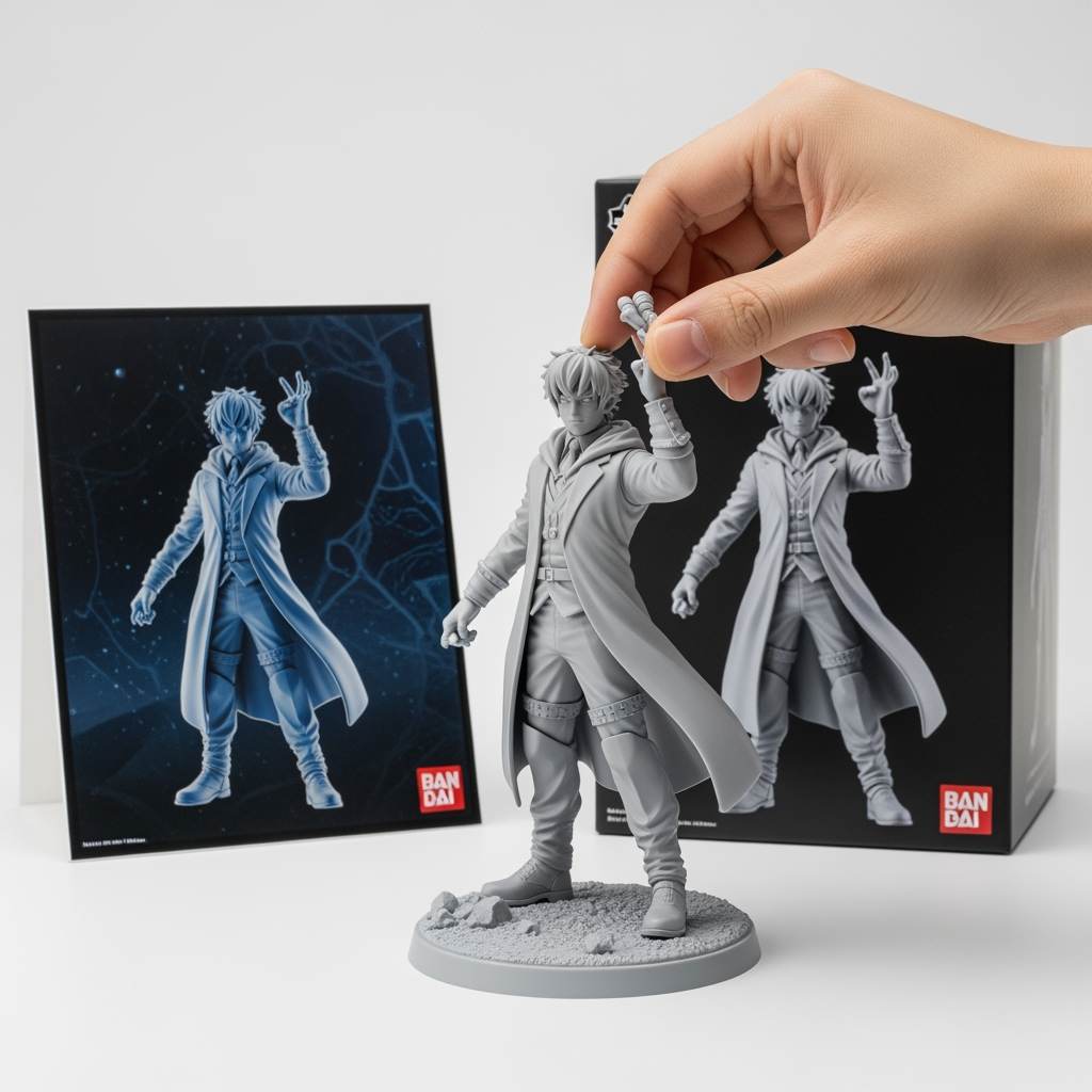 Gambar kreasi AI: Two hands gently pick up the figure in the frame and rotate it slightly for inspection. The model on the computer screen and the model printed on the packaging box remain stationary, while all other background elements stay unchanged.
