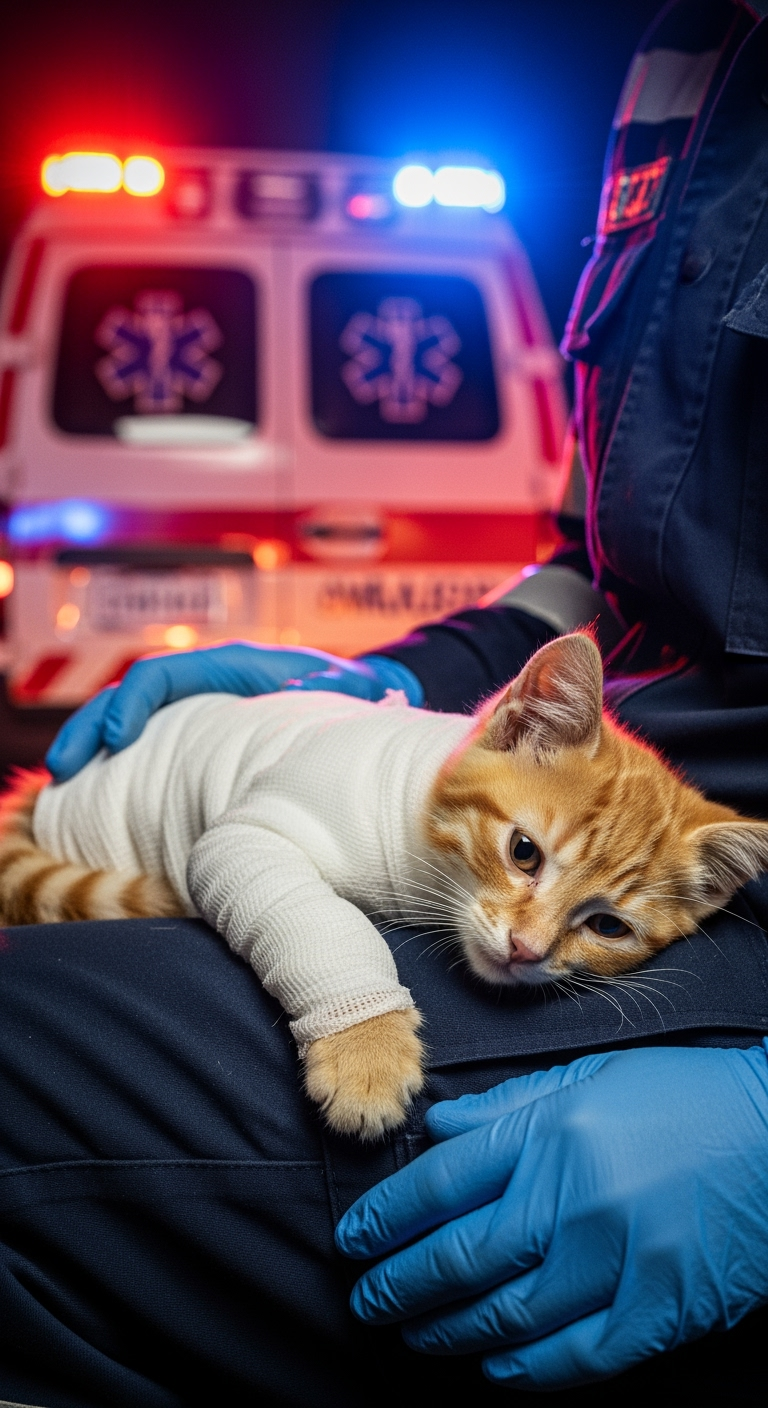Postingan terkait: "A severely injured orange kitten with body wrapped in white gauze, lying weak on a rescue worker’s lap, ambulance lights behind, hyper realistic cinematic."