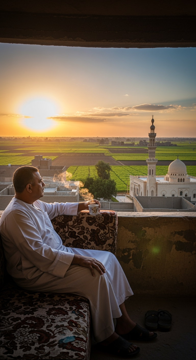 Postingan terkait: An Egyptian man in his fifties, wearing a white Egyptian galabiya and nothing on his head, sits on a simple sofa in front of his modest village home. His right hand rests on his right knee, holding a cup of tea, as a light steam rises. In front of him stretches a vast farmland planted with various crops, and to his right is a mosque with a tall minaret and a dome. It is sunset, and the sun is partially visible over the horizon, casting its warm golden rays. The scene is shown from a side angle, with a cinematic composition, hyperrealism, and high definition.