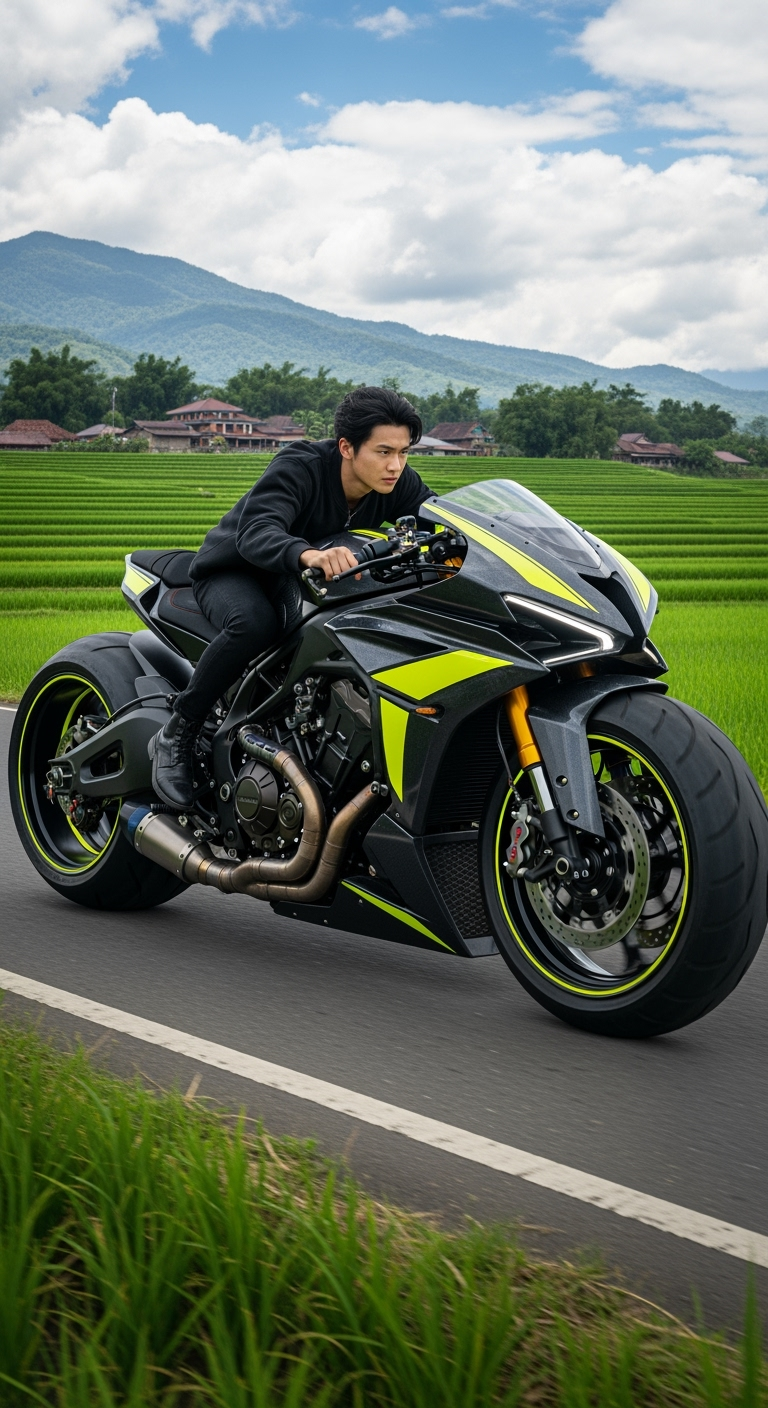 Postingan terkait: Hyperrealistic photo of a black-haired man, wearing a plain black jacket, riding a large futuristic motorcycle inspired by the design of a hybrid supercar.
The motorcycle is large, muscular and elegant: aerodynamic matte black body panels with shiny chrome reflections, neon yellow stripes, an angular front end with an aesthetic dual-light LED headlight, futuristic engine parts exposed with cybernetic tubes, two high-tech exhausts inspired by car engines, large ultra-wide tires with realistic treads, futuristic alloy wheels with neon yellow light trim.
The scene is a winding mountain road, asphalt with detailed textures, surrounded by rice paddies, traditional houses and distant green mountains under a clear blue sky. Natural daylight, cinematic realism, ultra-detailed reflections on the motorcycle.
Cinematic wide-angle shot, low frontal side perspective, hyper-detailed, ultra-photorealistic 8k, sharp focus, strong highlights and shadows.