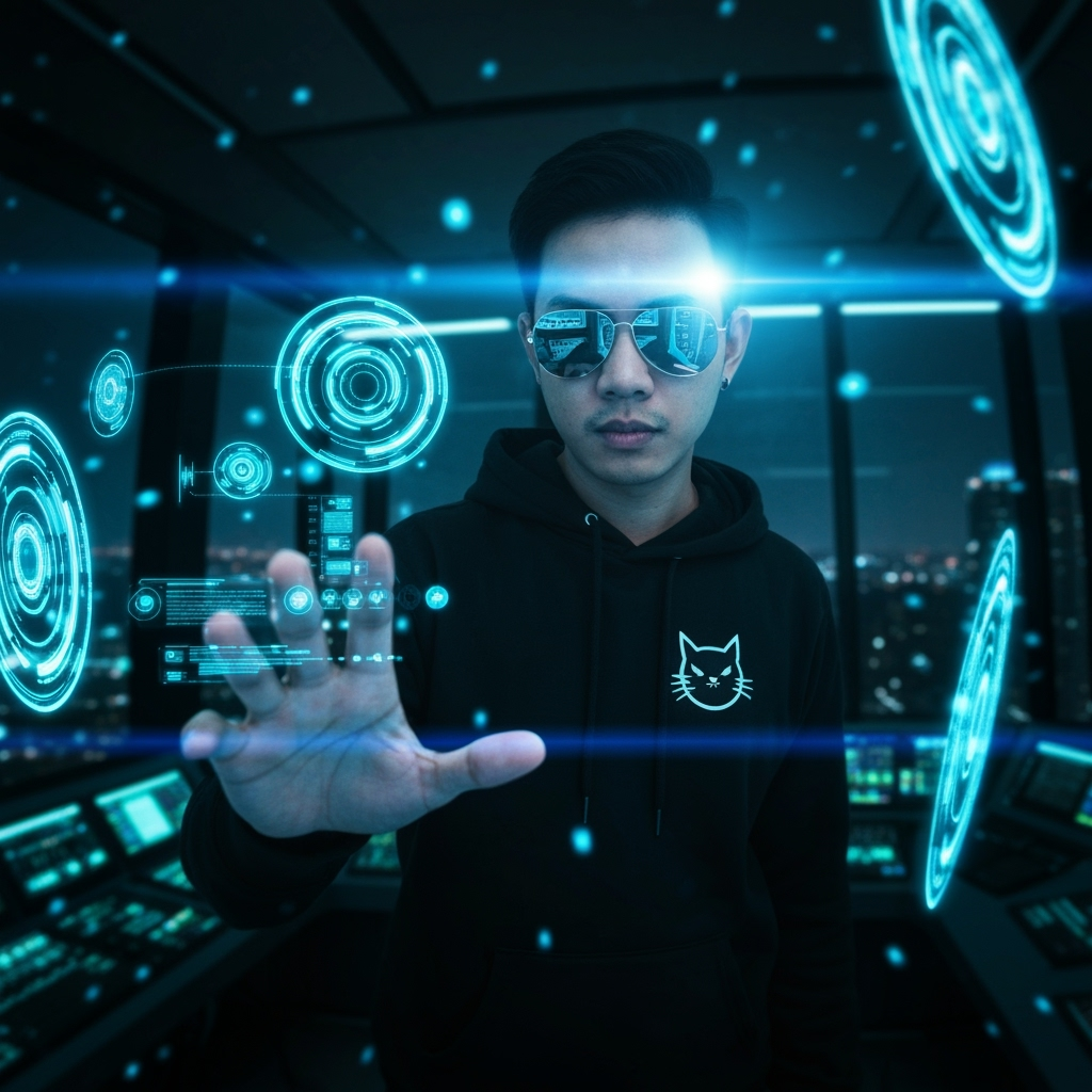 Postingan terkait: Cinematic, wide-angle shot of a young Thai man in a black hoodie with a cat logo, wearing sunglasses, interacting with a complex, floating holographic user interface. His hand is outstretched, manipulating glowing blue data streams and circular HUD elements. The setting is a dark, high-tech control room with a night city view in the background. The image has a shallow depth of field, with lens flare and glowing particles creating a dynamic and futuristic atmosphere. The primary light source is the bright cyan glow from the holographic screens reflecting on his face and hand.