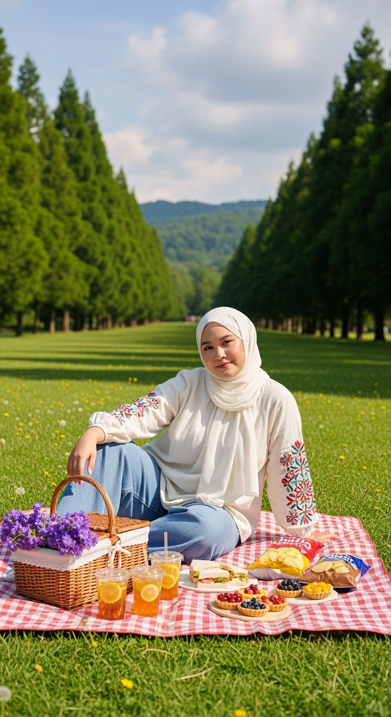 Postingan terkait: Ultra realistic photo of a slightly chubby woman wearing a plain white hijab, sitting relaxed on a red-and-white checkered picnic mat in a wide green garden. She wears a loose cream blouse with floral embroidery on the sleeves and wide blue jeans. In front of her is a woven basket filled with fresh purple flowers, plastic cups of drinks, and picnic snacks. The background shows lush green trees, rolling hills, and a bright sky with soft clouds.
Shot with a full-frame DSLR camera (Canon EOS R5), 50mm f/1.8 lens, shallow depth of field with sharp focus on the woman, natural daylight illumination, realistic tones with natural saturation, creating a cheerful, warm, and peaceful atmosphere as if captured from real life.