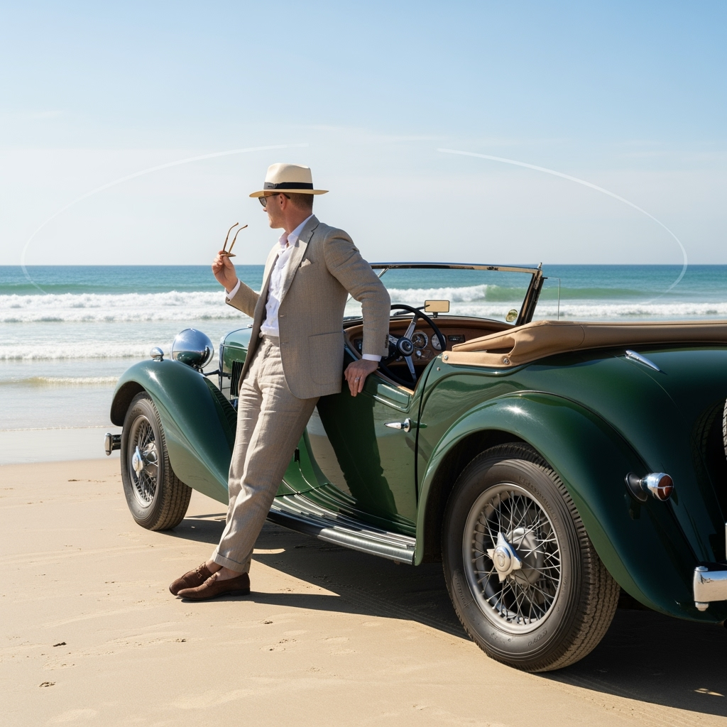 Gambar kreasi AI: Animate this image. The scene is: posing next to a vintage English roadster from the 1930s parked on a sunny beach.. The subject is in a 'From Back - Neutral Pose'. The camera slowly pans around the subject to reveal their face and expression, creating a sense of discovery. The subject, initially holding their pose, makes a subtle movement—perhaps a slow blink, a slight, knowing smile, or a gentle shift in their gaze towards the camera.  The overall mood is sophisticated and professional. Cinematic, photorealistic, 4K, hyper-detailed, slow motion.