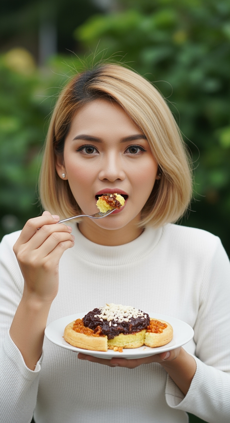 Gambar kreasi AI: Buatkan wanita cantik makan seblak