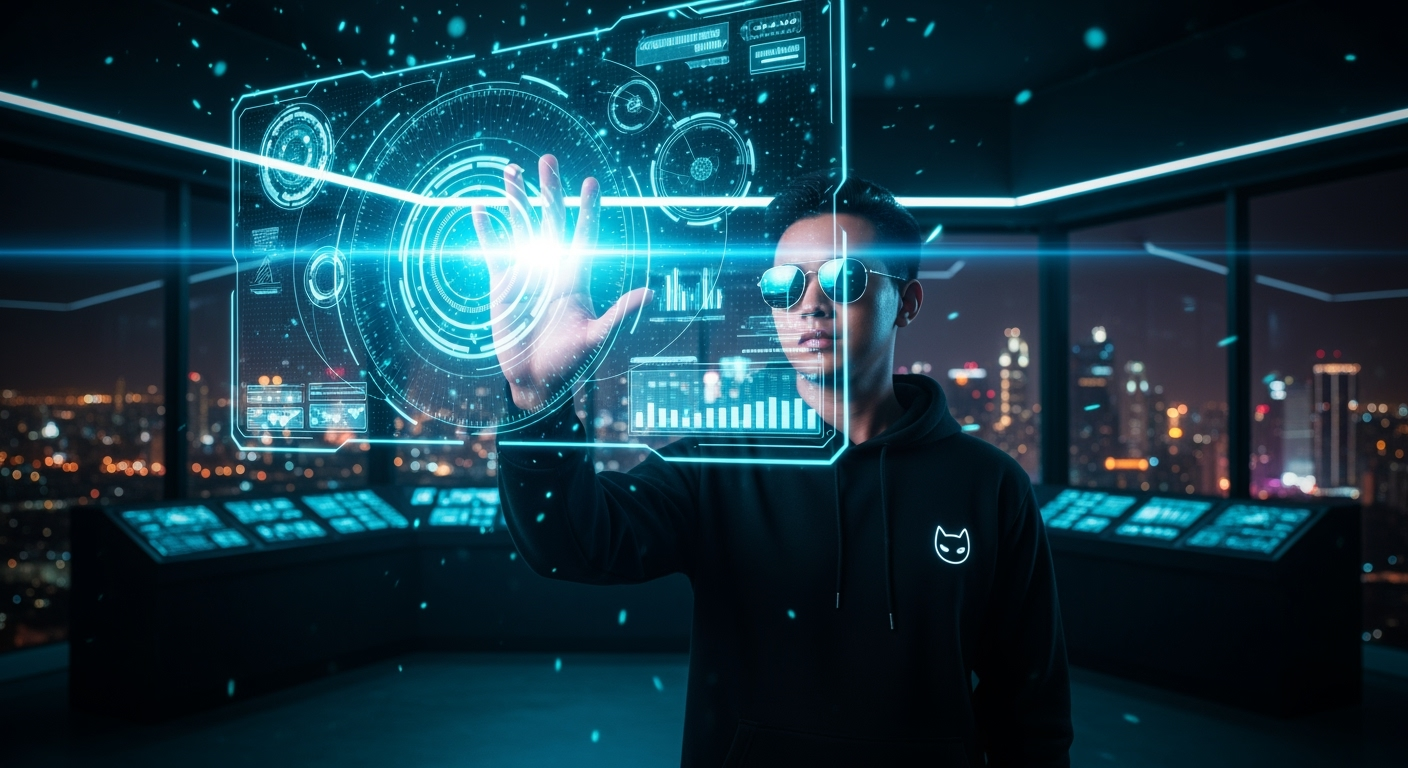 Postingan terkait: Cinematic, wide-angle shot of a young Thai man in a black hoodie with a cat logo, wearing sunglasses, interacting with a complex, floating holographic user interface. His hand is outstretched, manipulating glowing blue data streams and circular HUD elements. The setting is a dark, high-tech control room with a night city view in the background. The image has a shallow depth of field, with lens flare and glowing particles creating a dynamic and futuristic atmosphere. The primary light source is the bright cyan glow from the holographic screens reflecting on his face and hand.