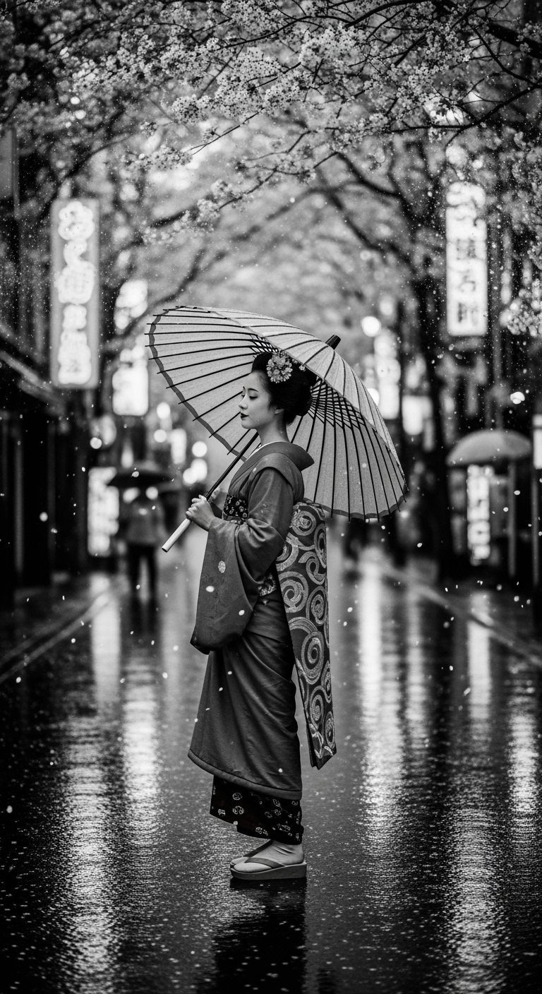 Gambar kreasi AI: black and white photograph of a geisha holding an umbrella, Kyoto streets and cherry blossoms merging into her form, rain textures and shimmering reflections --ar 9:16 --exp 50