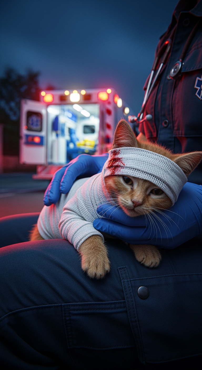 Postingan terkait: "A severely injured orange kitten with body wrapped in white gauze, lying weak on a rescue worker’s lap, ambulance lights behind, hyper realistic cinematic."