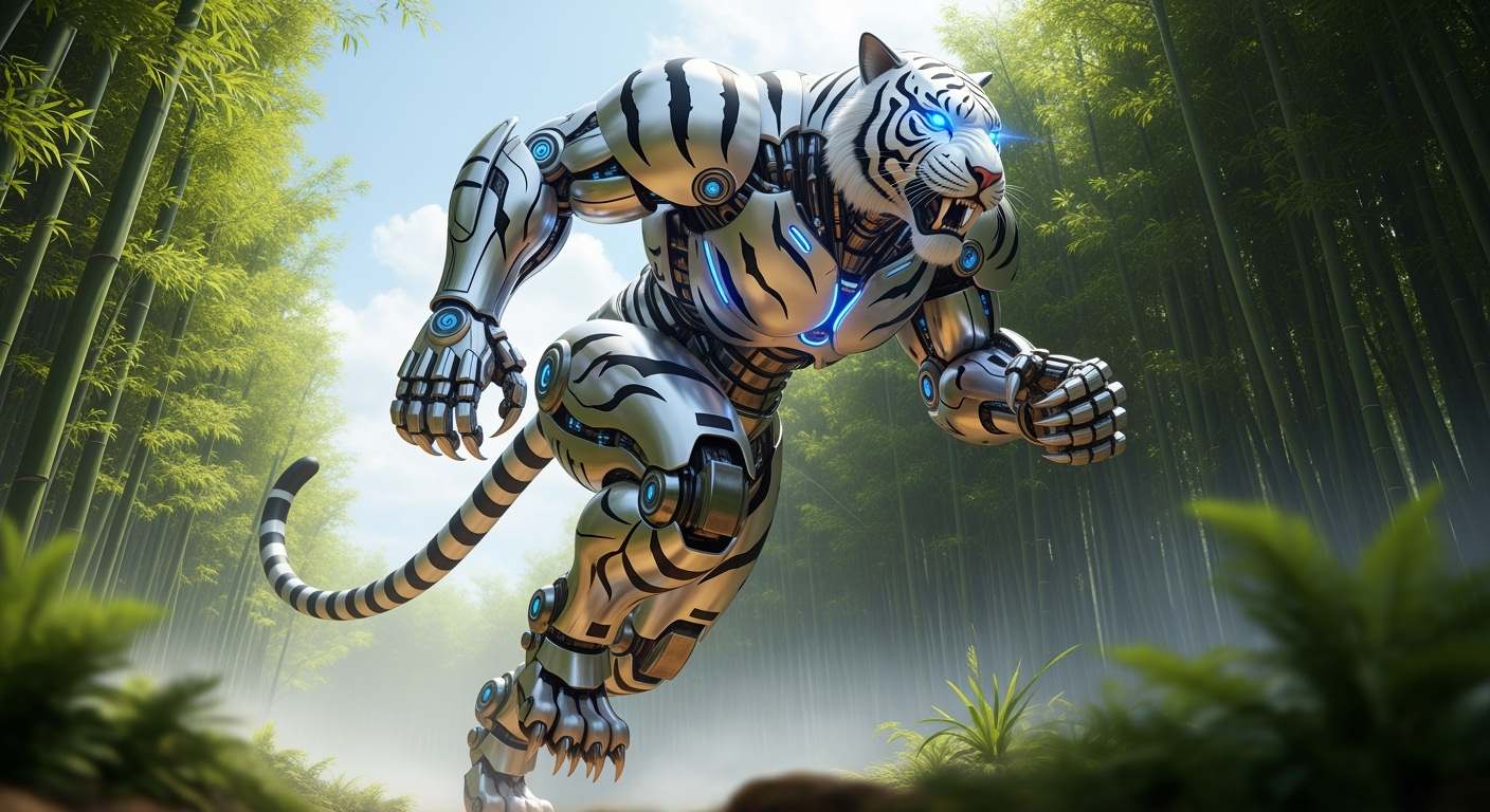 Postingan terkait: robot raksasa Harimau Putih. Robot itu berlari melesat dengan gagah di tengah hutan bambu futuristik yang diselimuti kabut tipis. Desain futuristik dan berotot, tubuh harimau berlapis baja dominan putih salju metalik dan perak krom, dengan corak garis-garis hitam yang terbentuk dari plat-plat baja berbeda tekstur dan aksen biru elektrik bercahaya. Mata biru esnya menyala tajam, memancarkan aura predator yang cerdas. Cakar-cakar logamnya yang besar dan gigi-giginya yang tajam terlihat jelas. Otot-otot kaki dan bahunya dipenuhi detail hidrolik dan sendi mekanik yang menampakkan kekuatan dan kelincahan luar biasa. Ekornya yang panjang dan fleksibel mengikuti gerakannya. Tekstur menonjol dan mata menyala tajam, dengan perpaduan elegan antara warna putih metalik dan biru es. Komposisi gambar sinematik dengan pencahayaan siang alami, warna hangat dan dingin bercampur harmonis. Foto menampilkan seluruh robot dalam kemegahannya yang luar biasa, berlari megah di tengah-tengah kehijauan subur dan langit cerah, memancarkan aura dingin