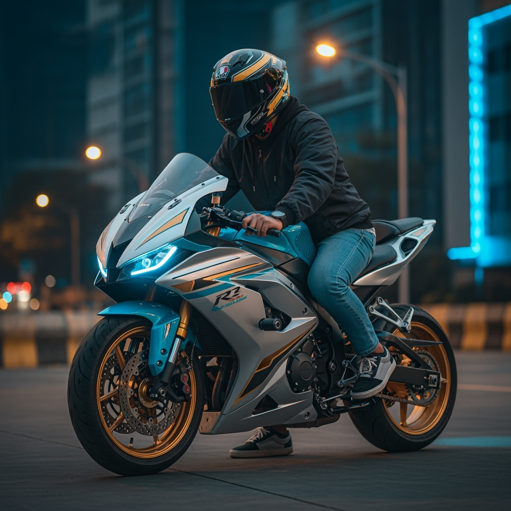Postingan terkait: Sebuah fotorealistis seorang pria Indonesia usia 20 tahun memakai jaket kulit dan jeans biru muda, menunggang motor sports fairing 1000cc yang memiliki desain futuristik dengan detail cat biru tua metalik, silver, dan emas.