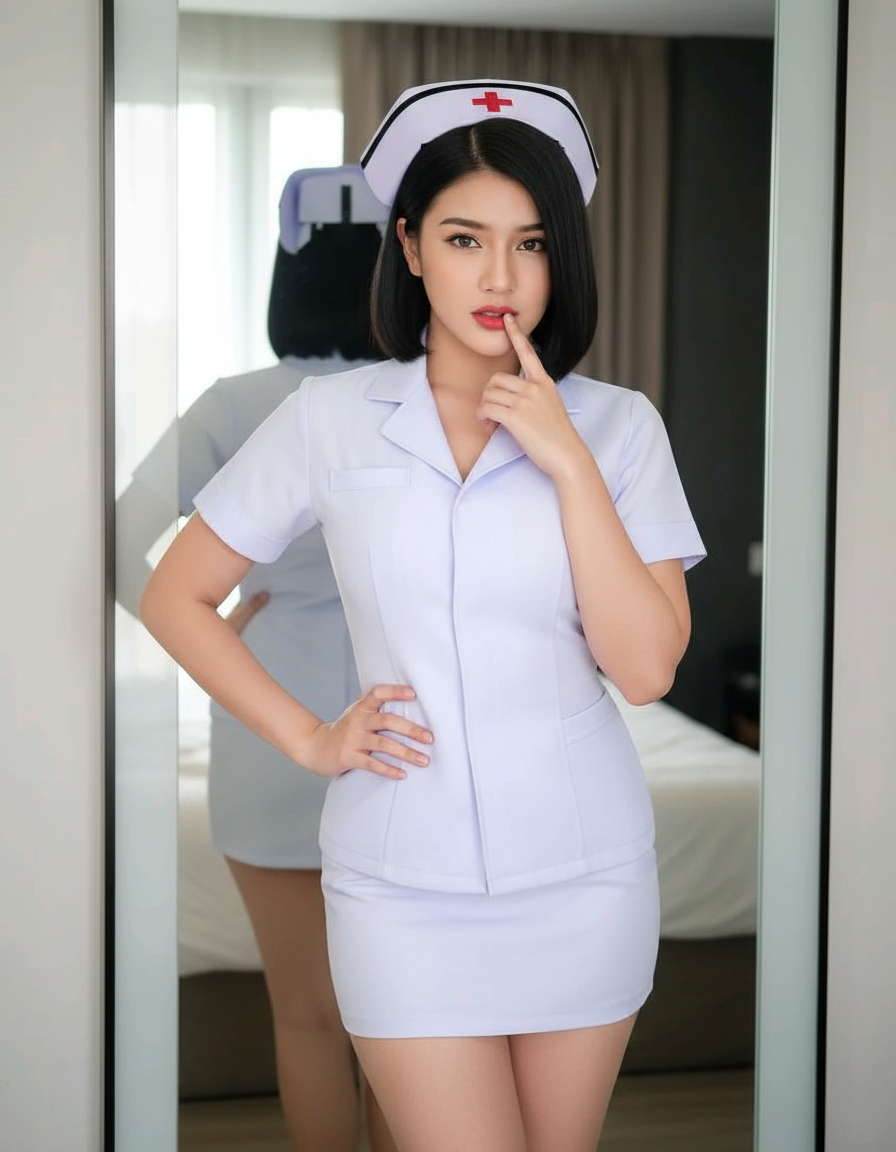 Gambar kreasi AI: Buatkan gambar wanita umur 20 tahun rambut pendek model bob berwarna hitam, dia memakai topi perawat putih kecil dengan palang merah di tengah, ubah bajunya menjadi pakaian perawat dan rok pendek,dia berdiri di depan cermin dan menatap kedepan dengan senyum side, ekspresi percaya diri, pose dengan satu lengan menyentuh pinggang,  bibir atau dagu, bibir merah merona, ultra HD, rasio 9:16.