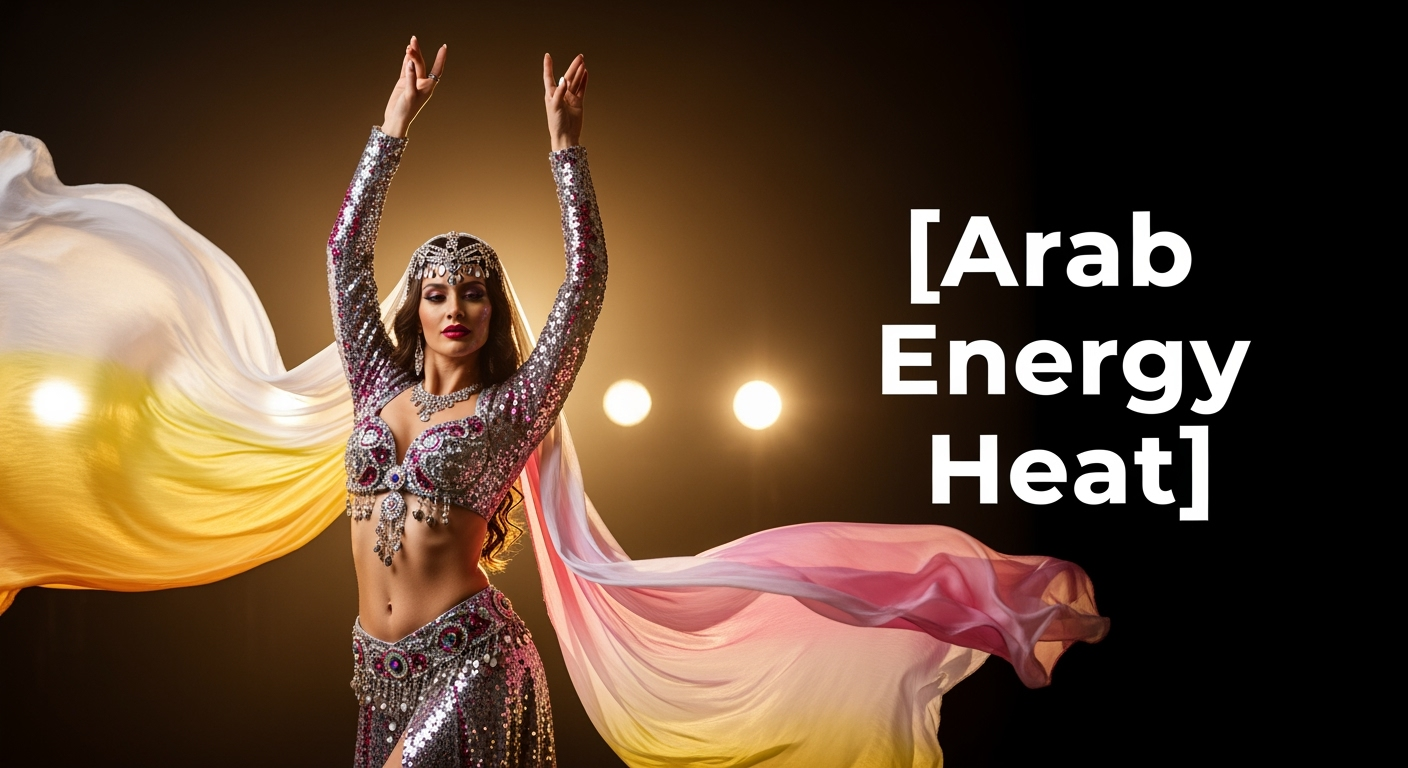 Gambar kreasi AI: “A glamorous Arabic-Balkan club dancer performing in a golden studio light, sparkling silver & pink costume with sequin details, flowing chiffon veil (white-yellow-pink gradient), dynamic pose with raised arms, soft bokeh light on background, no shadows, ultra-realistic, cinematic photography.
Add bold clickable text: [Arab Energy Heat] – large, clear font, high contrast, positioned opposite the model, no cartoon style, no watermark.”