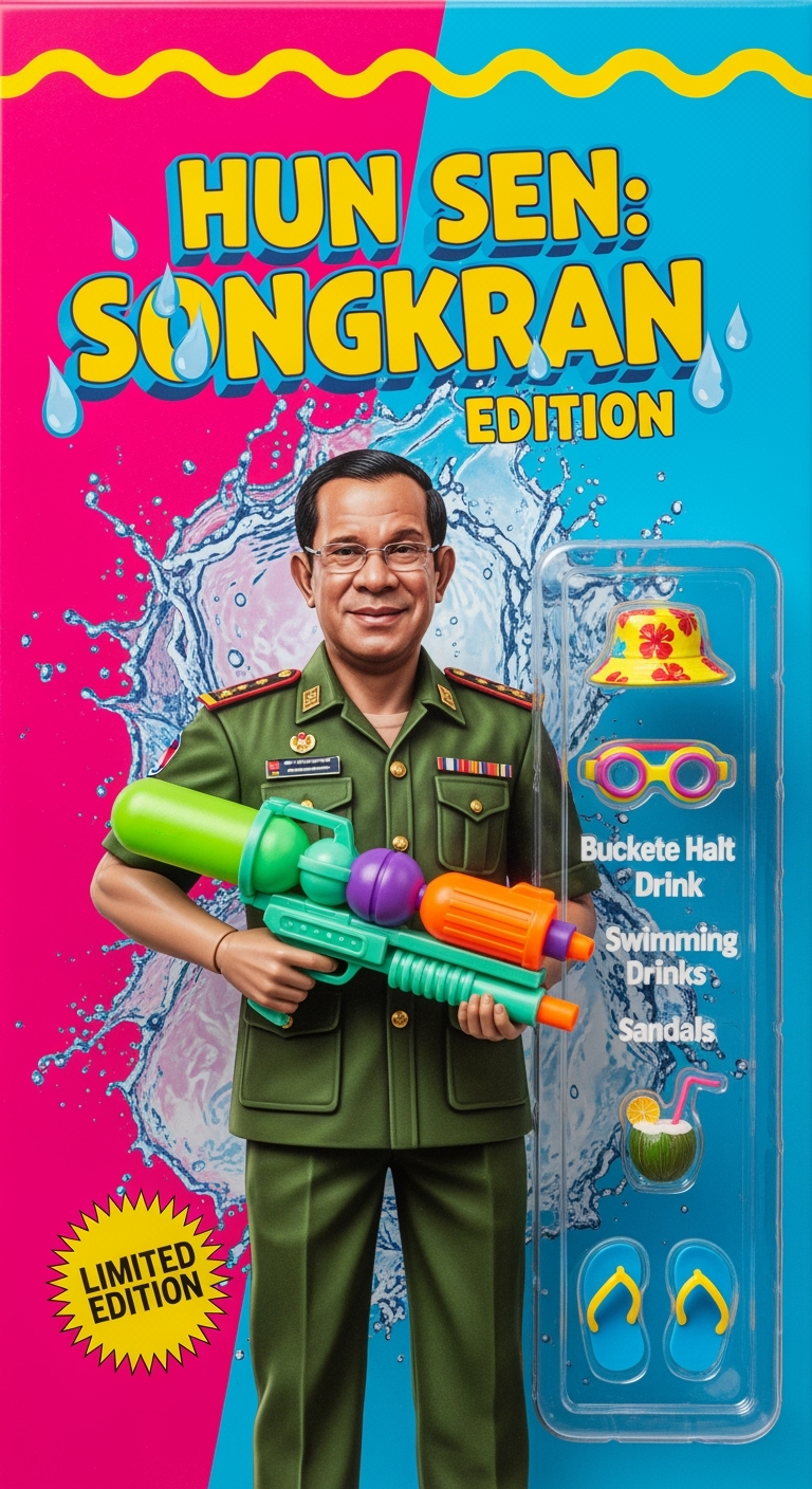 Postingan terkait: A vibrant, retro 1980s toy packaging for an action figure, similar to a Barbie doll box. The subject is a detailed illustration of the Cambodian leader Hun Sen in a military uniform, holding a colorful water gun with a friendly expression. The theme is the Songkran festival, with water splash graphics in the background. The title "HUN SEN: SONGKRAN EDITION" is in a bold, yellow, playful font. The box is bright pink and blue and includes various accessories in a blister pack: a bucket hat, swimming goggles, a coconut drink, and sandals. The box is marked "LIMITED EDITION". The style is colorful, detailed commercial illustration, professional product photography.